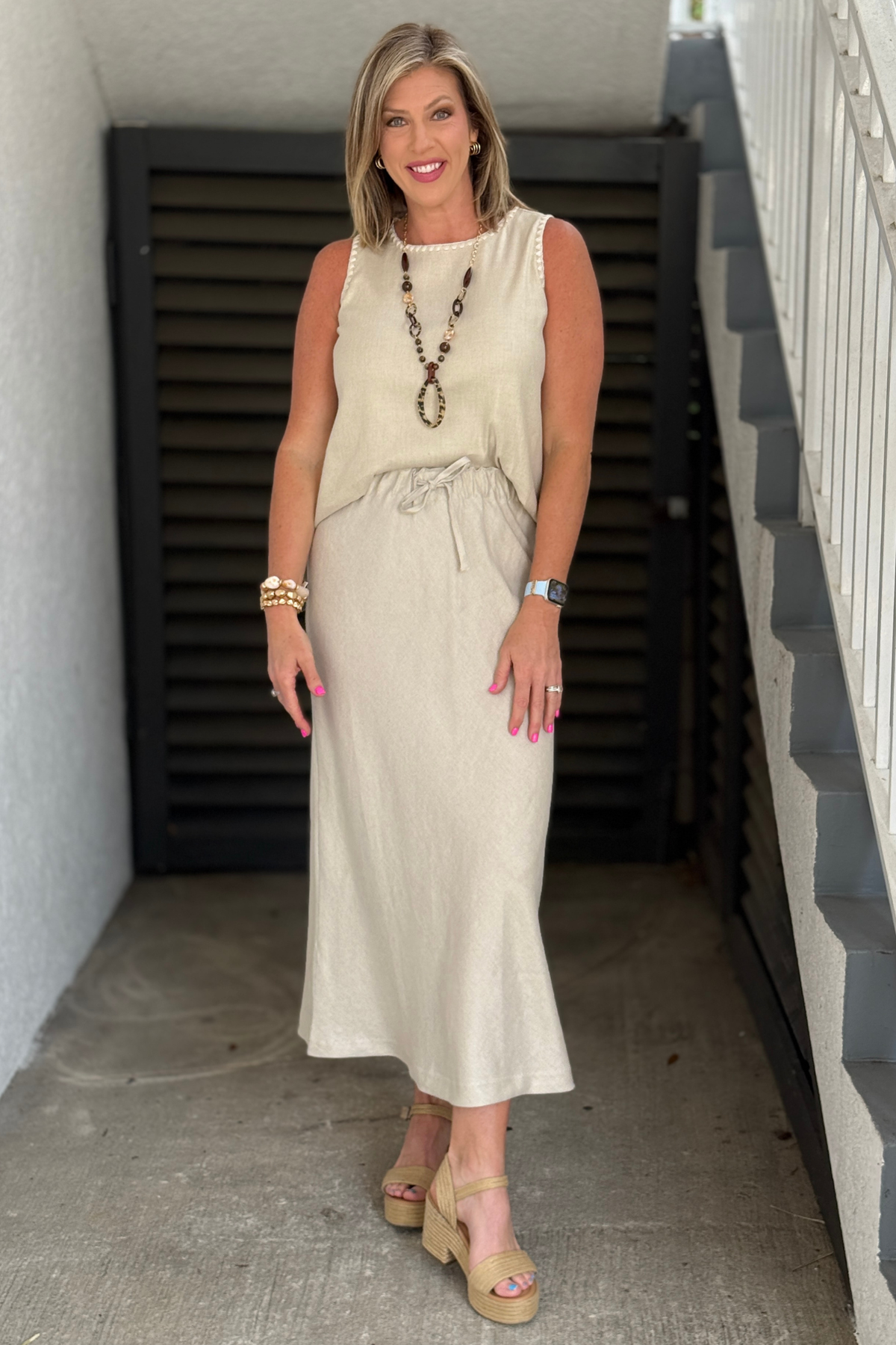 neutral flax linen maxi skirt with drawstring waist