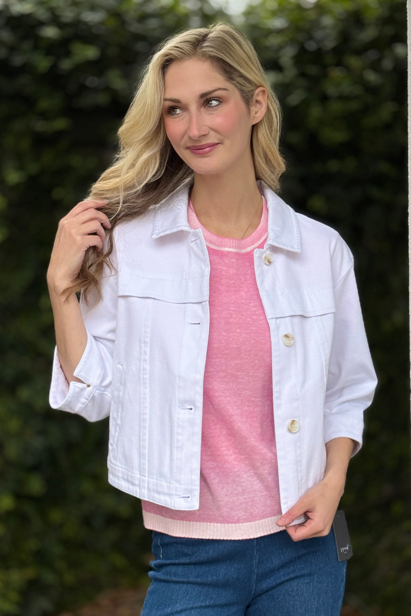 Lyssé white cropped denim jacket styled with jeans