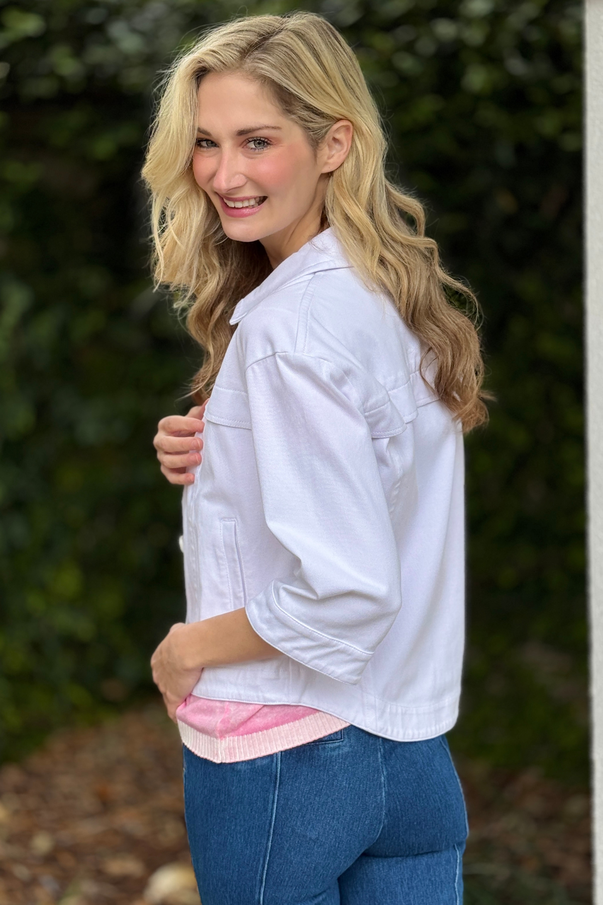 Lyssé Remi stretch knit denim jacket model view