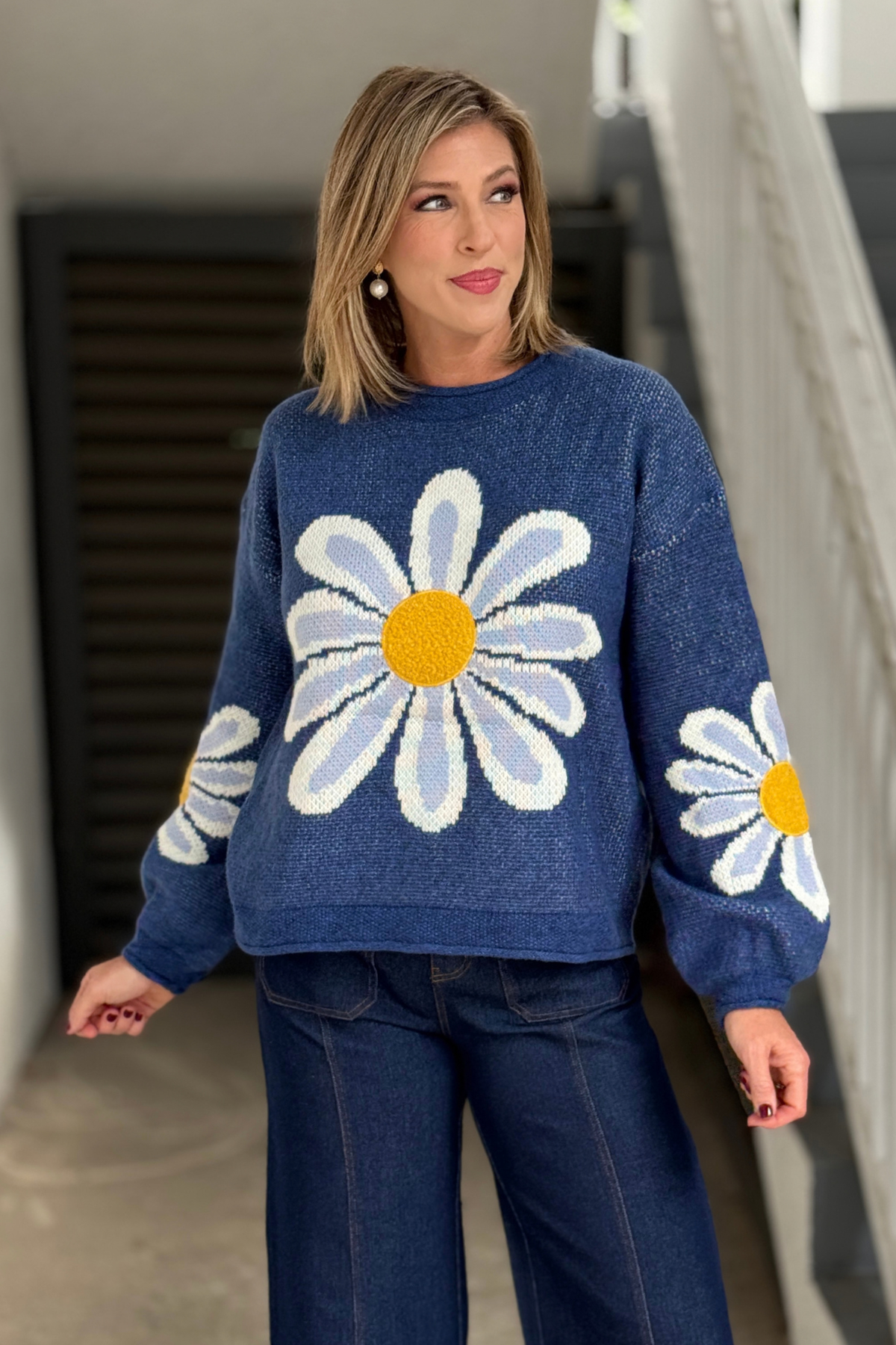 Women's blue cotton knit floral sweater