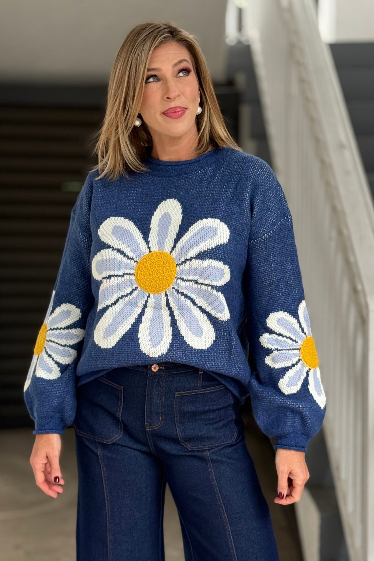 Daisy Days oversized cotton knit sweater in blue