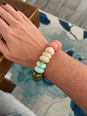 Chunky Marbled Disc Stretch Bracelet – Purple, Yellow & Olive