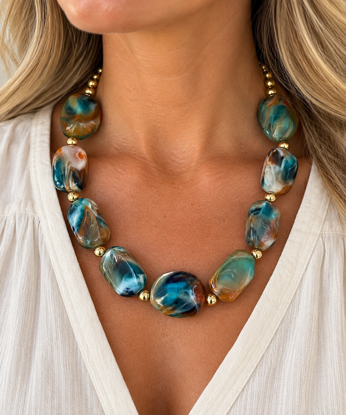 Marbled Teal Stone Statement Necklace