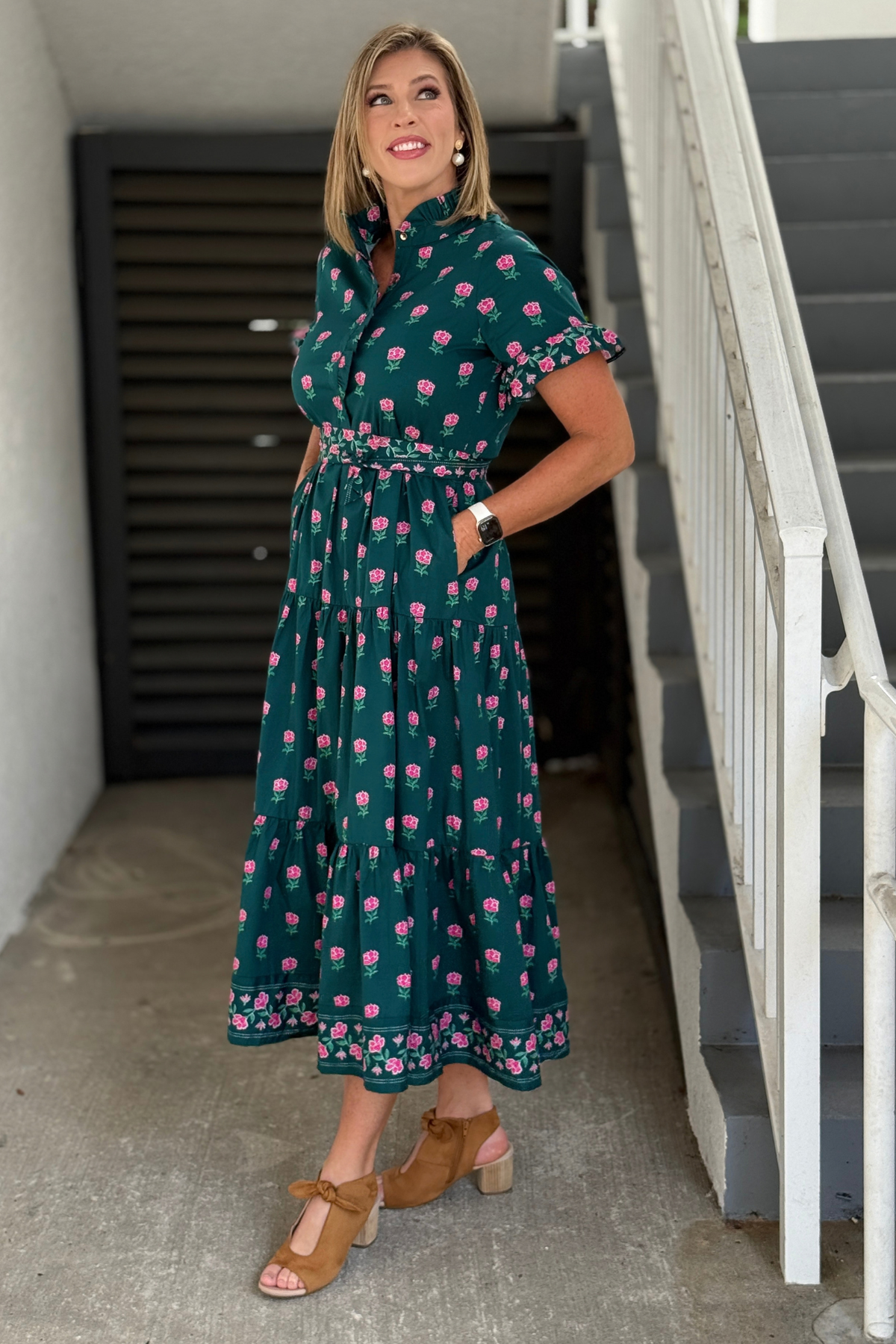 Green and pink floral Mary Square midi dress with removable belt