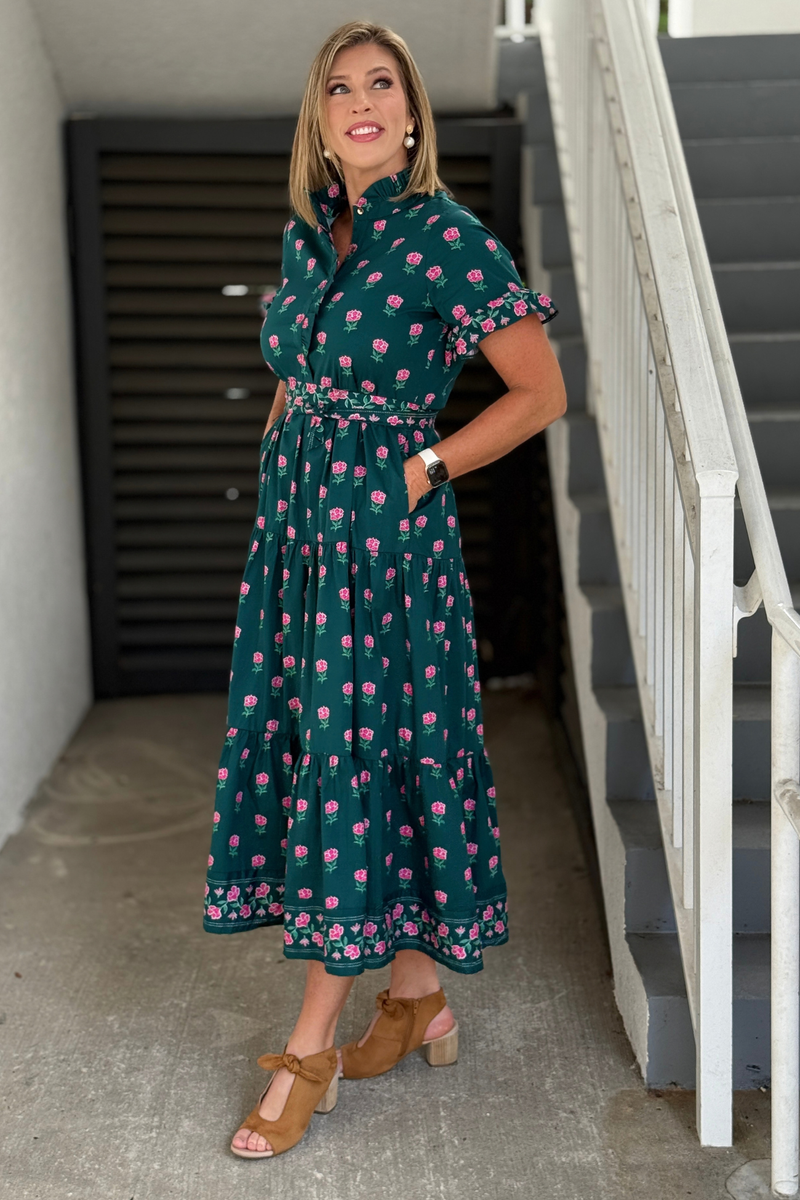 Green and pink floral Mary Square midi dress with removable belt