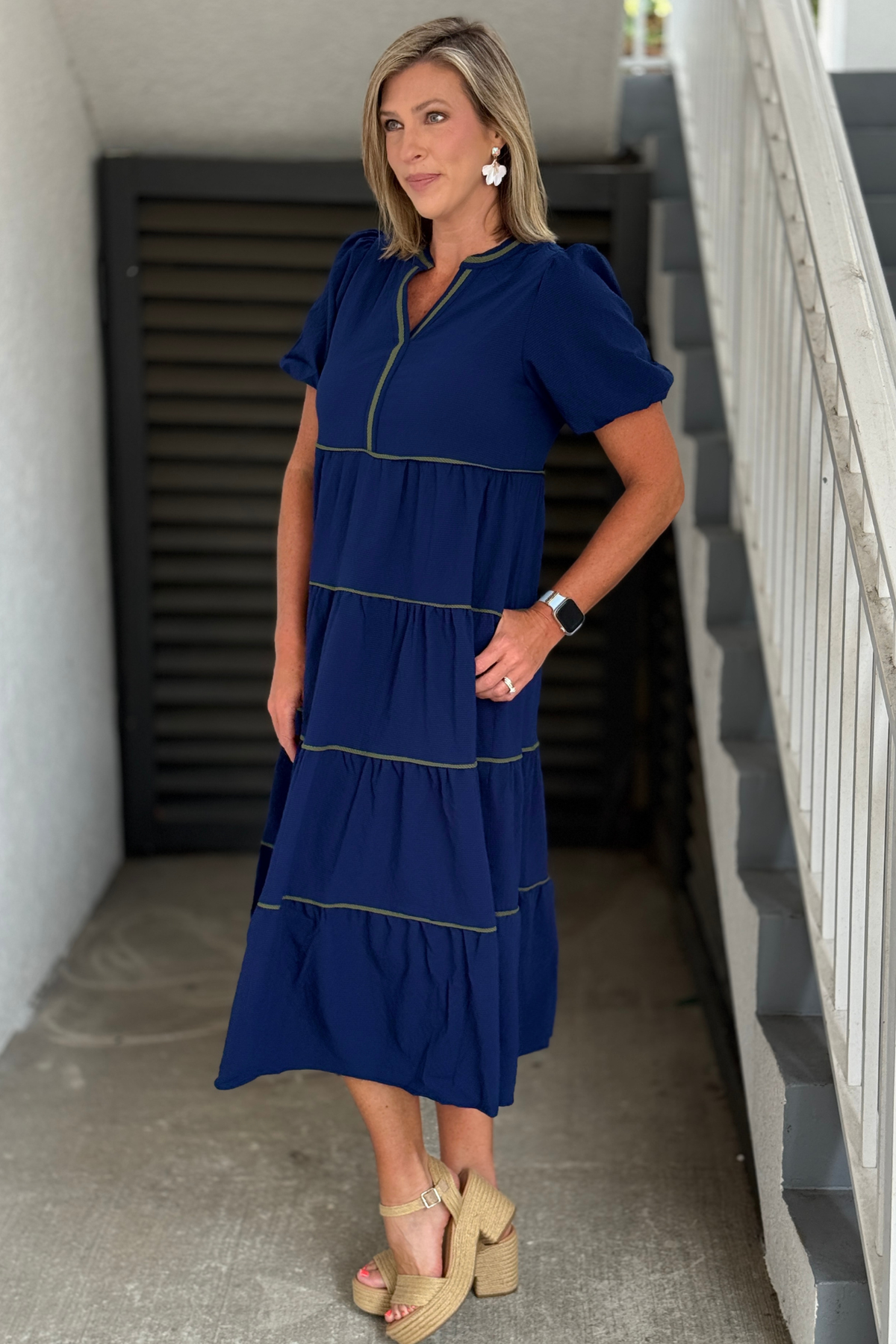 Navy midi dress with olive contrast trim