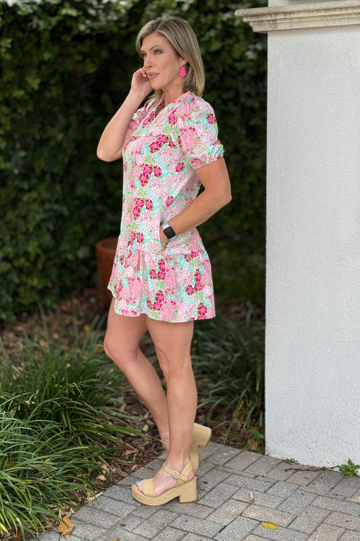 spring floral dress styled with wedges