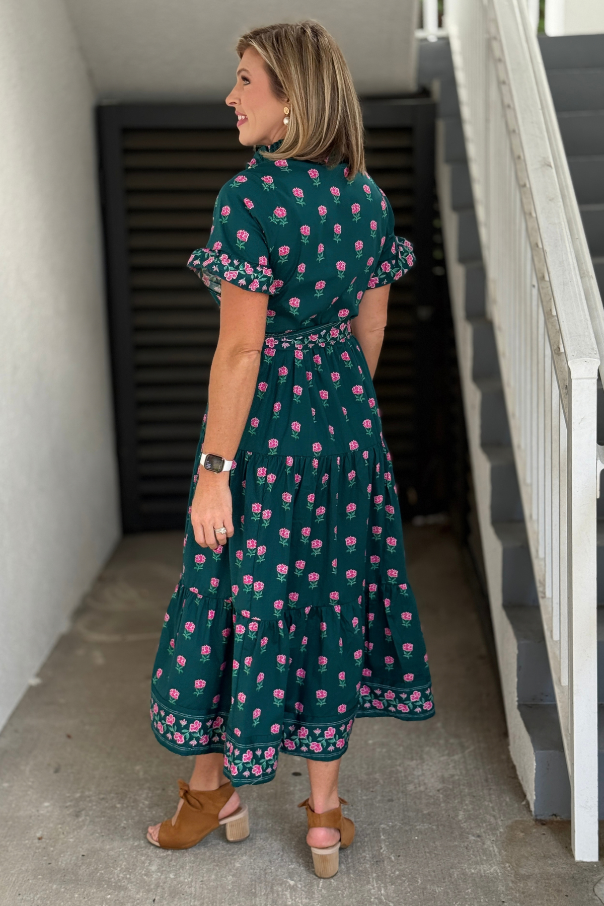 Solstice Step Berry floral midi dress with gold button detailing