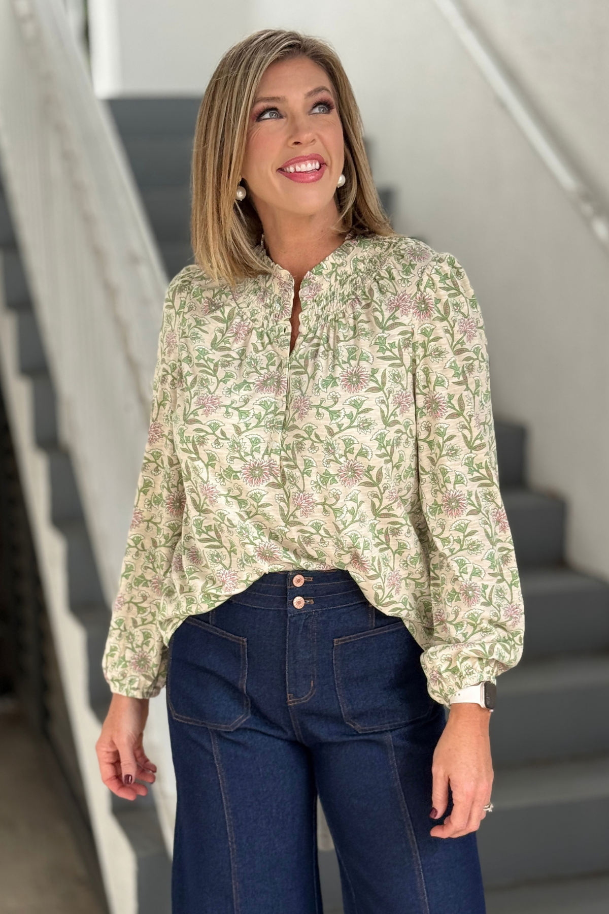 Mary Square Dawn Tee in Thistle Vines Tan floral print