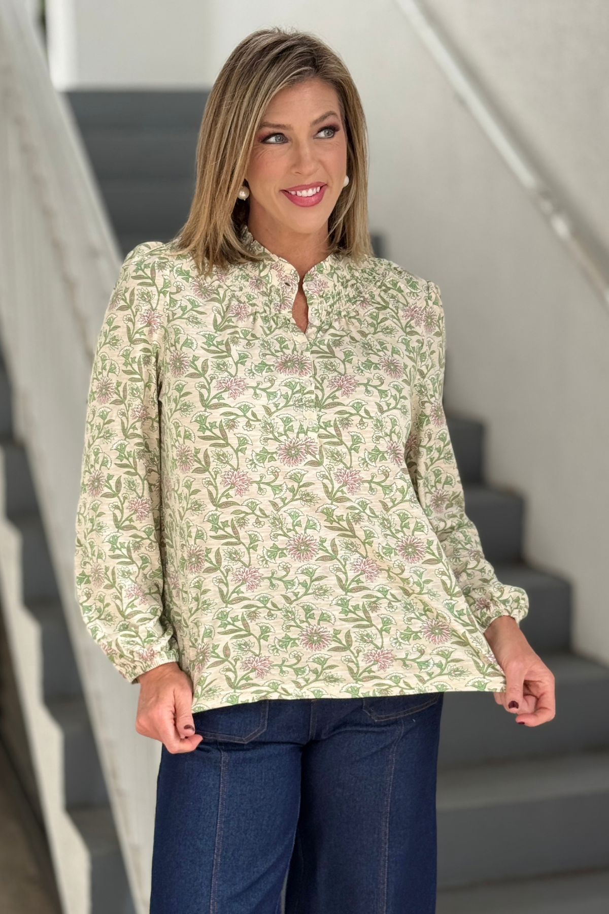 Tan floral Mary Square top with green vines and soft pink flowers