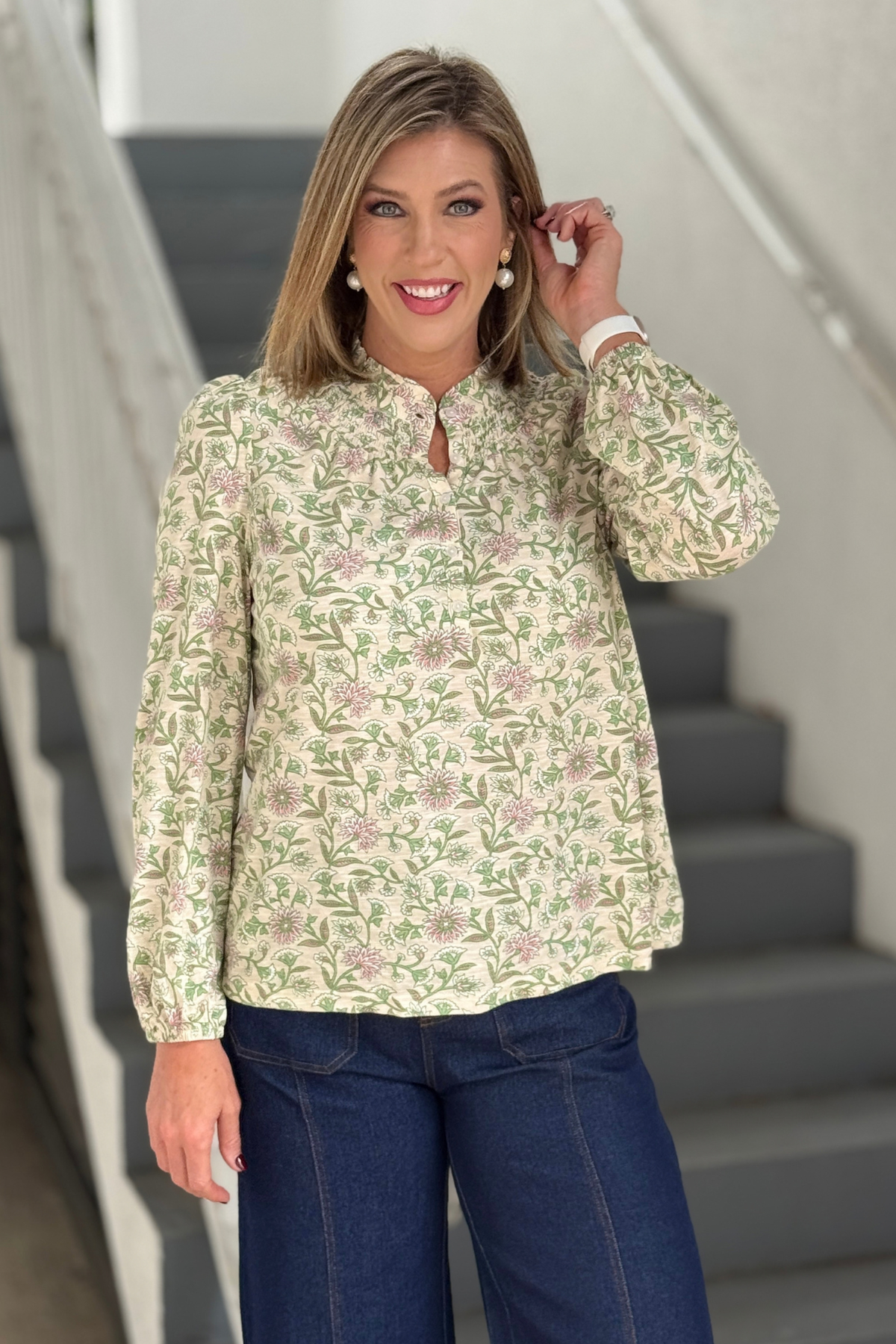 Mary Square Dawn Tee with ruffle neckline and button front