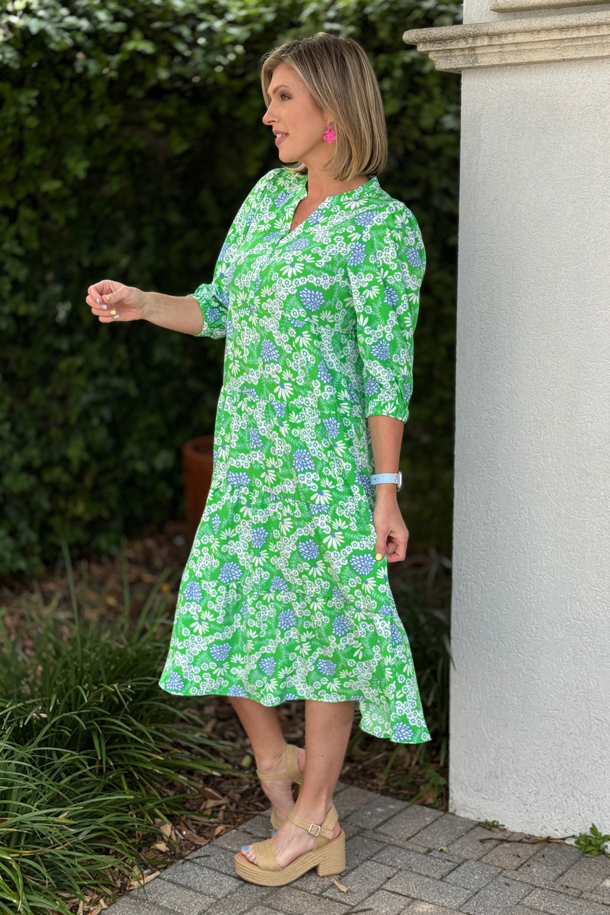 lightweight spring midi dress with blue and green floral pattern