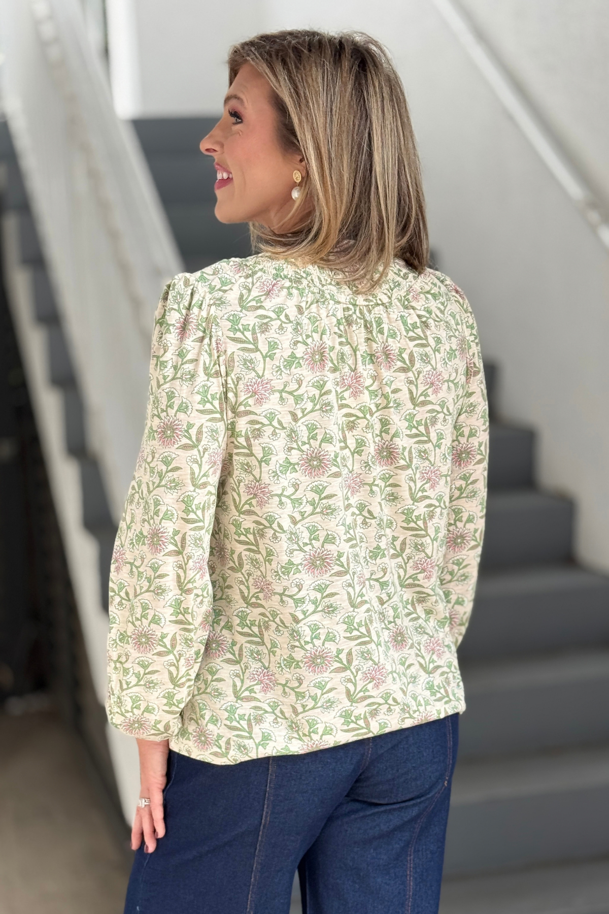 Thistle Vines Tan floral blouse with elastic cuff sleeves