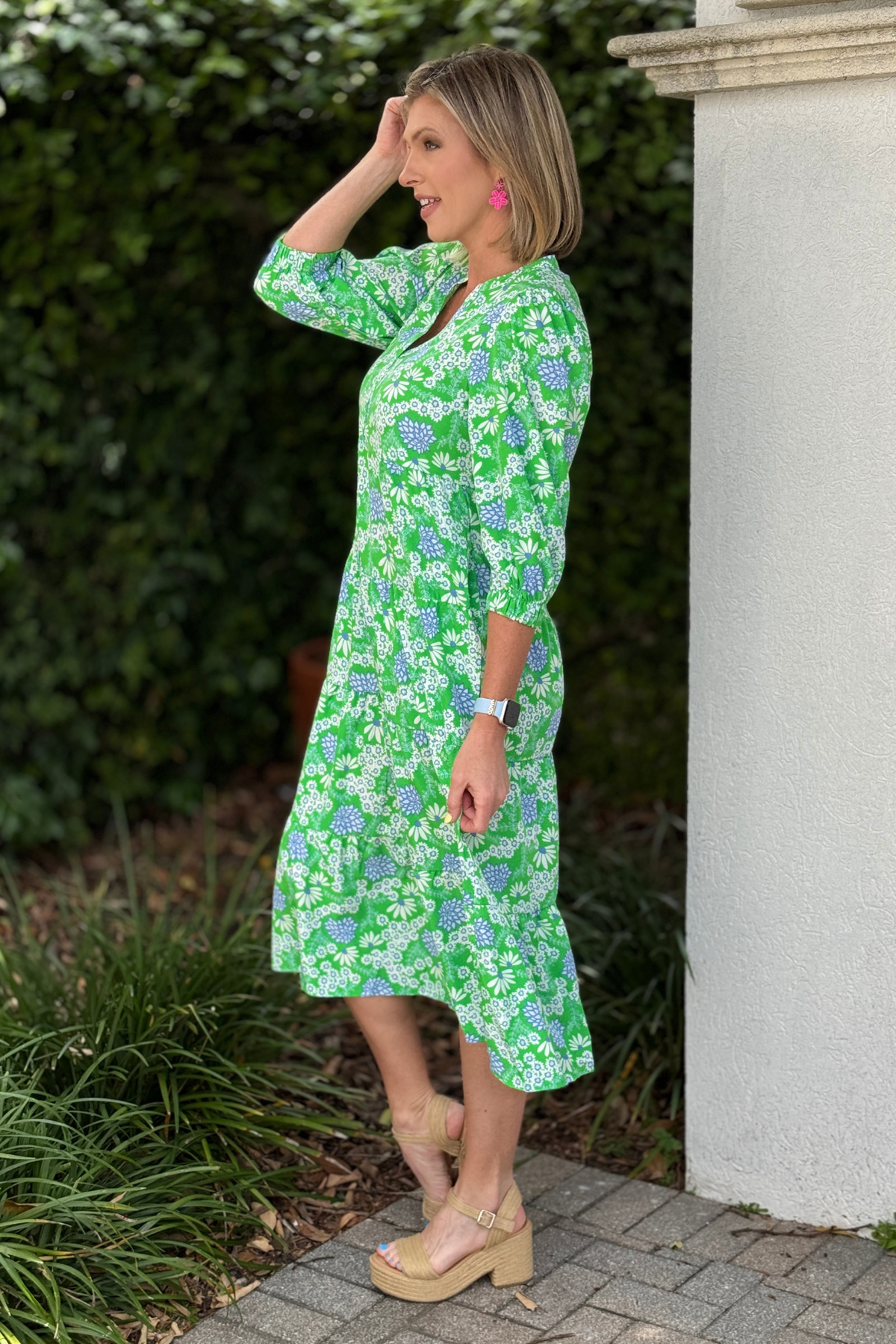 women’s casual midi dress with split neckline and pockets