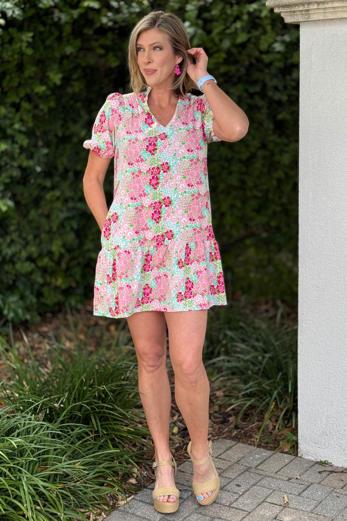 pink and green floral dress with ruffle collar detail