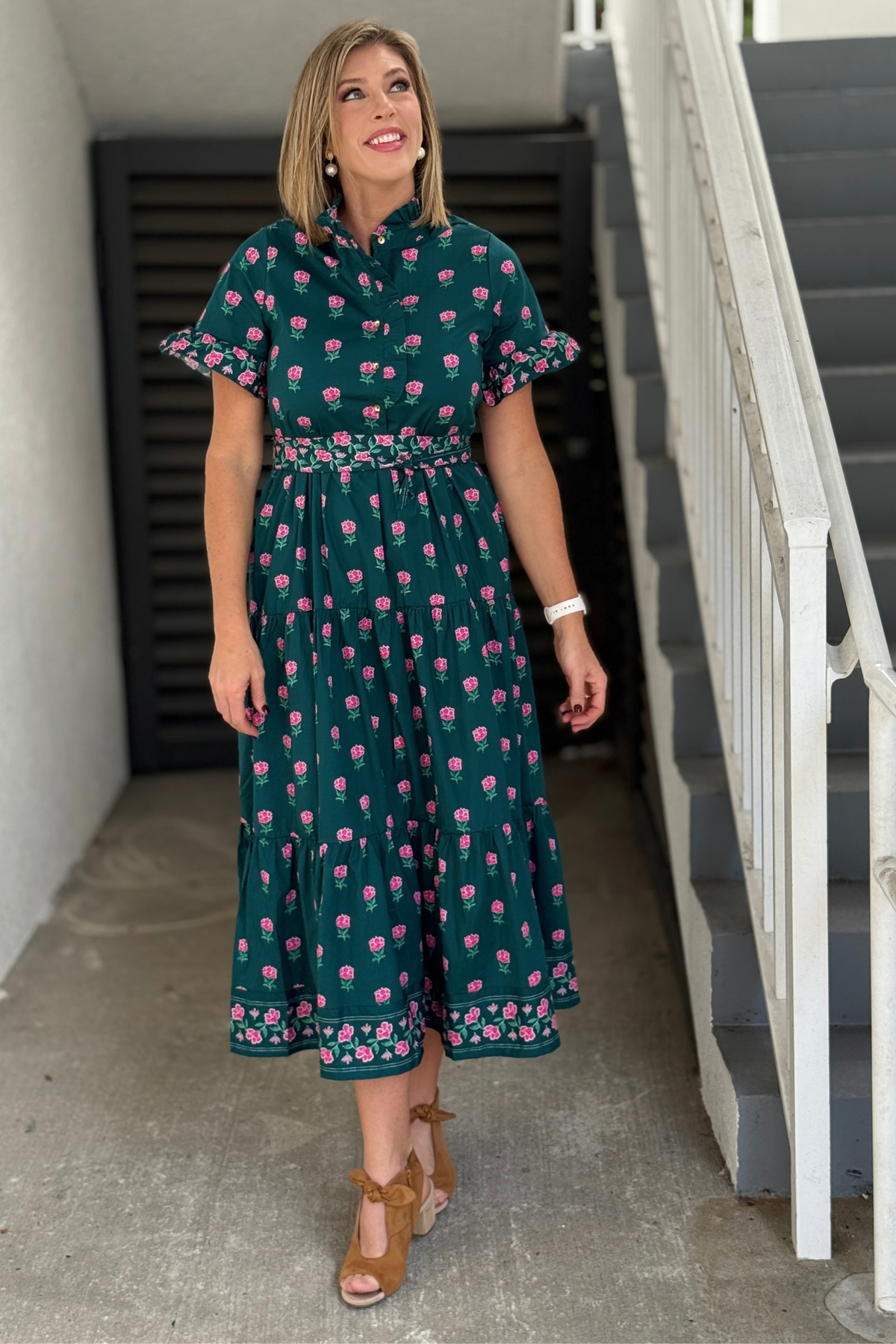 Mary Square Kate Dress in Solstice Step Berry green floral print