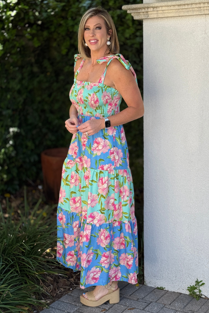 smocked bodice floral maxi dress side view