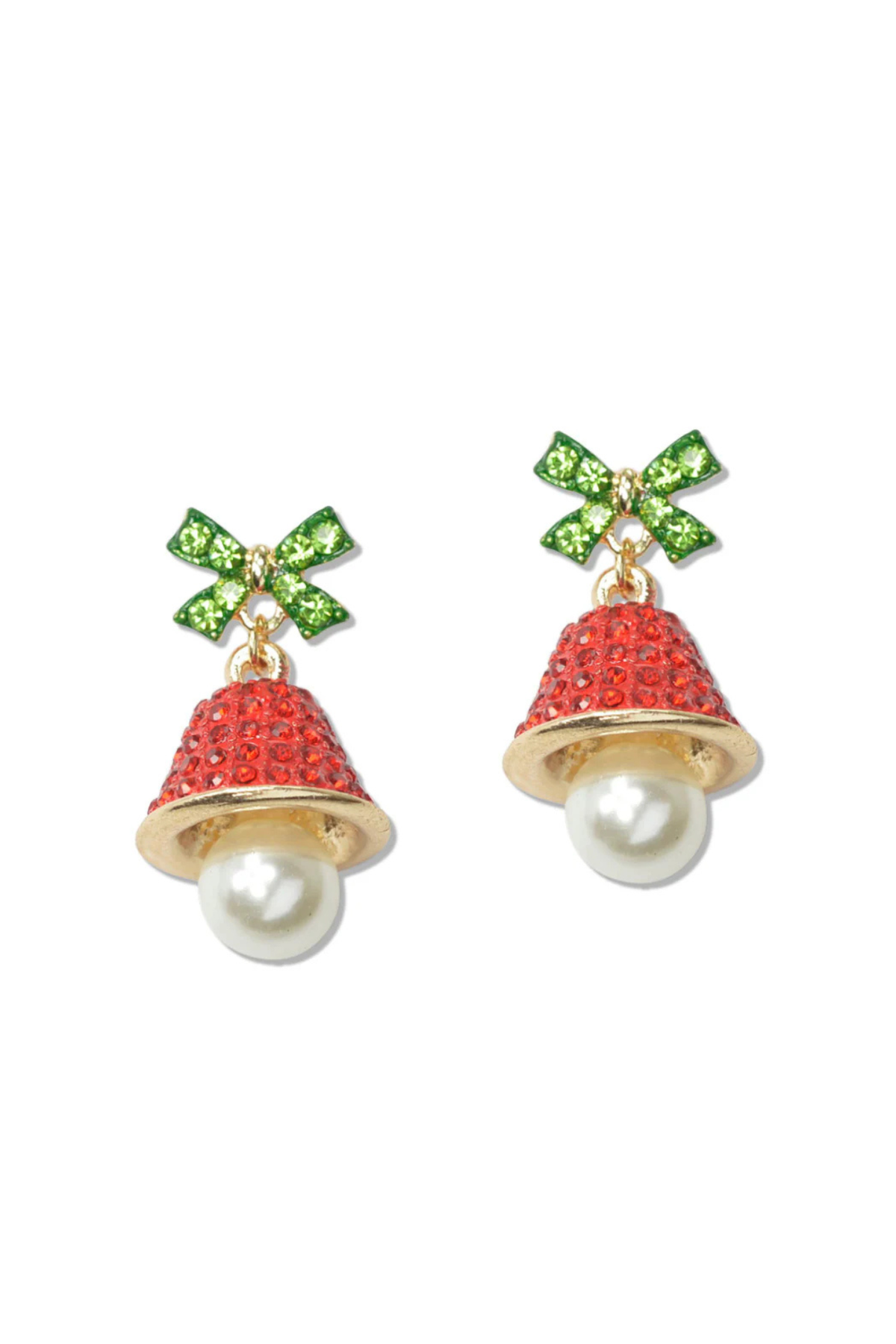 Red pave crystal jingle bell earrings with green bow tops and pearl drops, holiday jewelry