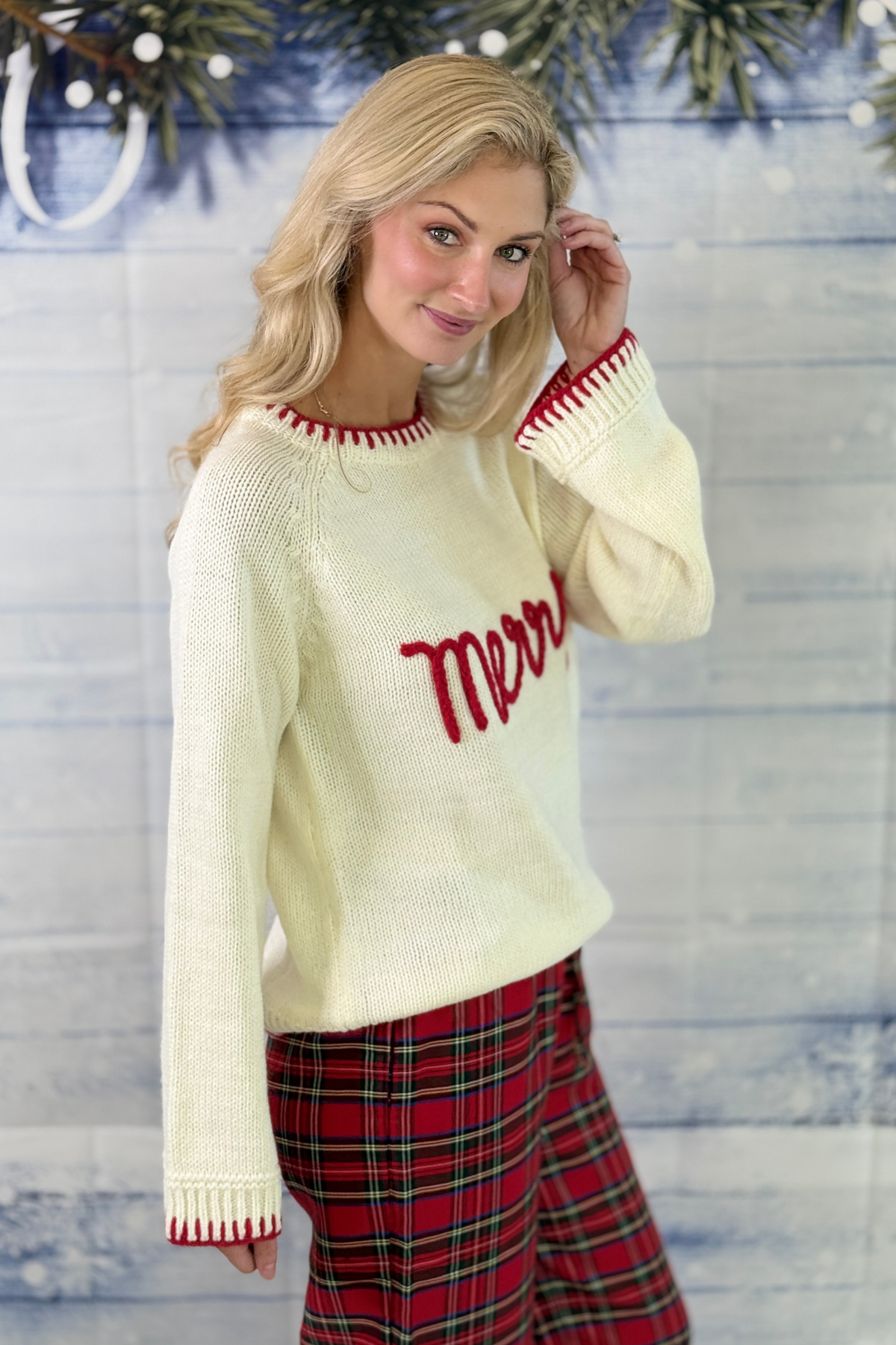 Merry tinsel lettering Christmas knit top in ivory  