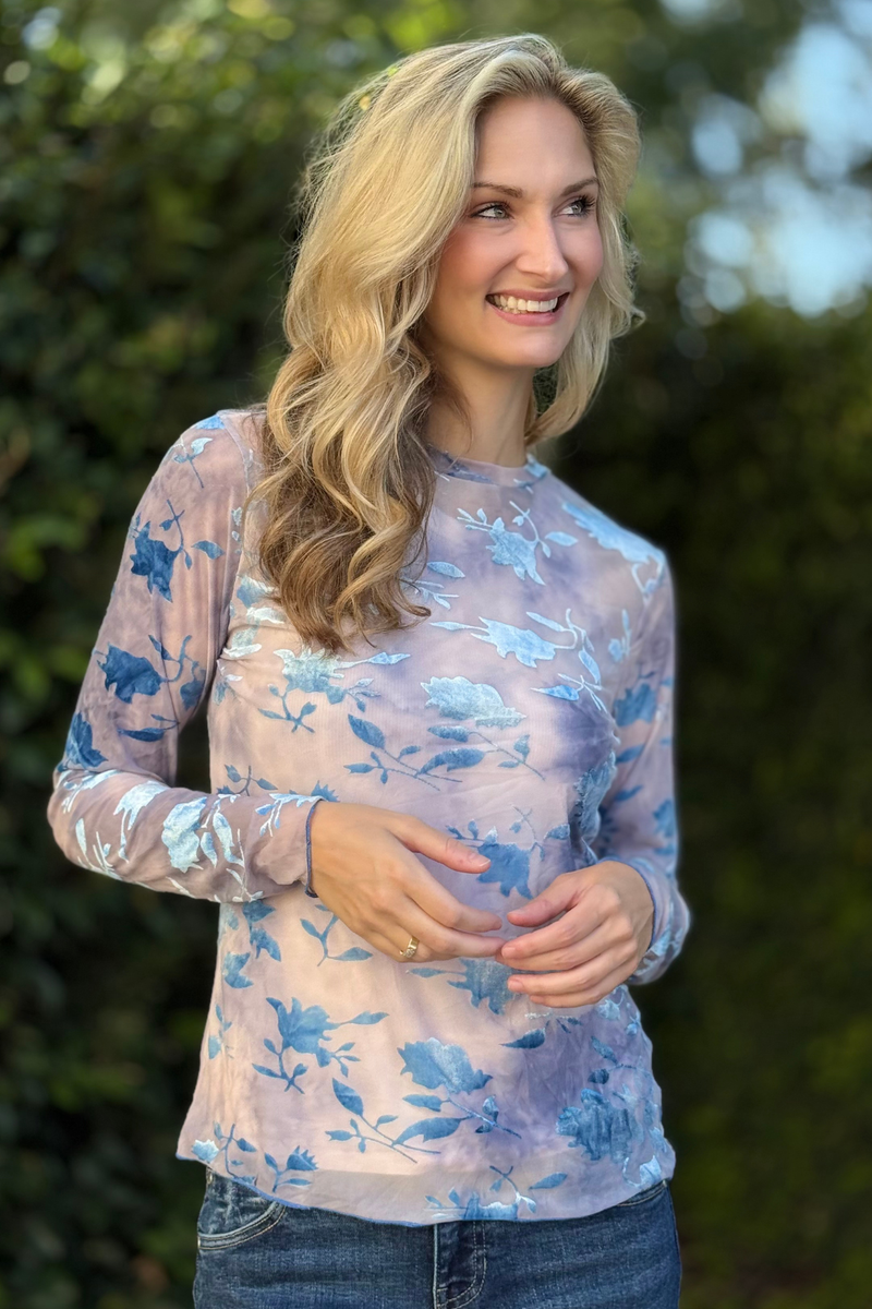 Sheer floral burnout mesh top in blue mocha