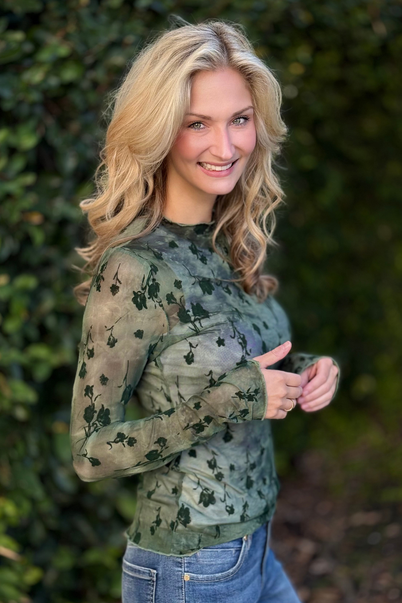 Sheer floral mesh olive top for women