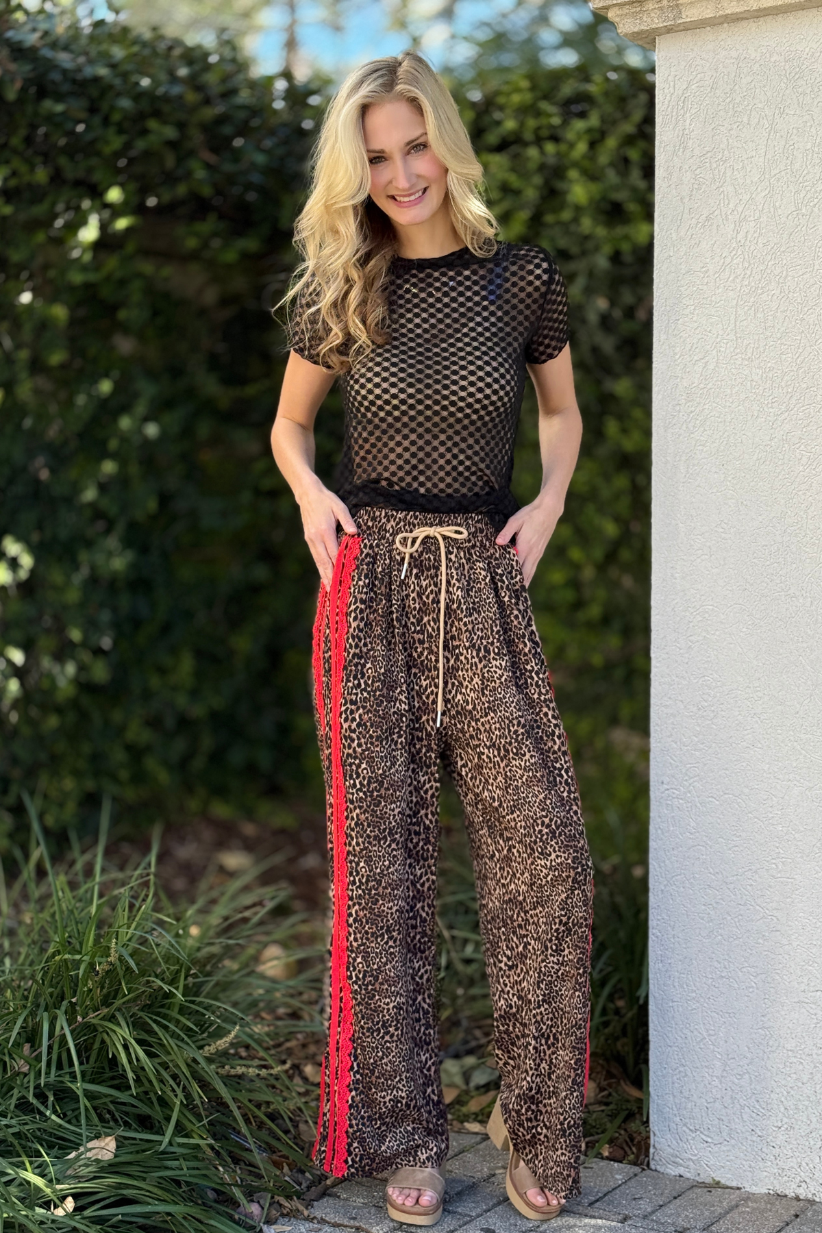 Leopard print wide leg pants with lace stripe detail