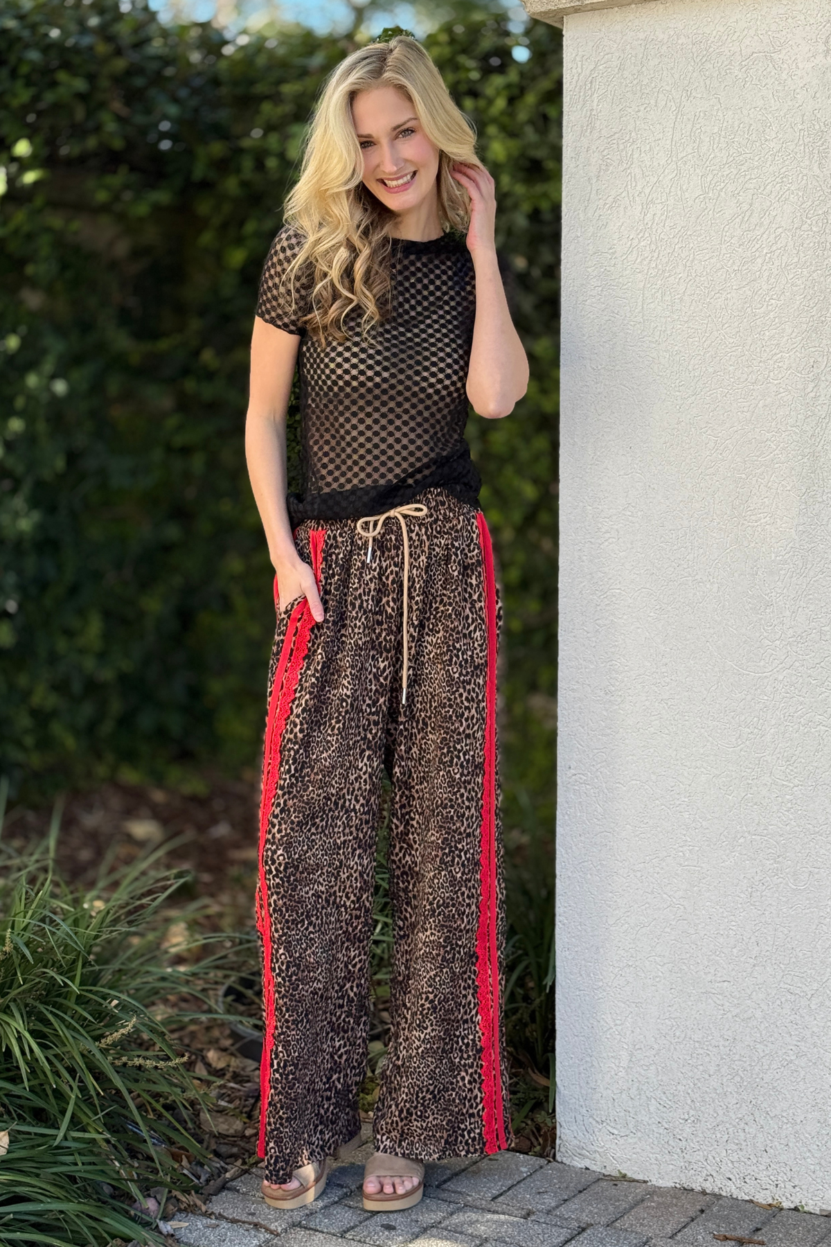 Boutique leopard wide leg pants styled casually