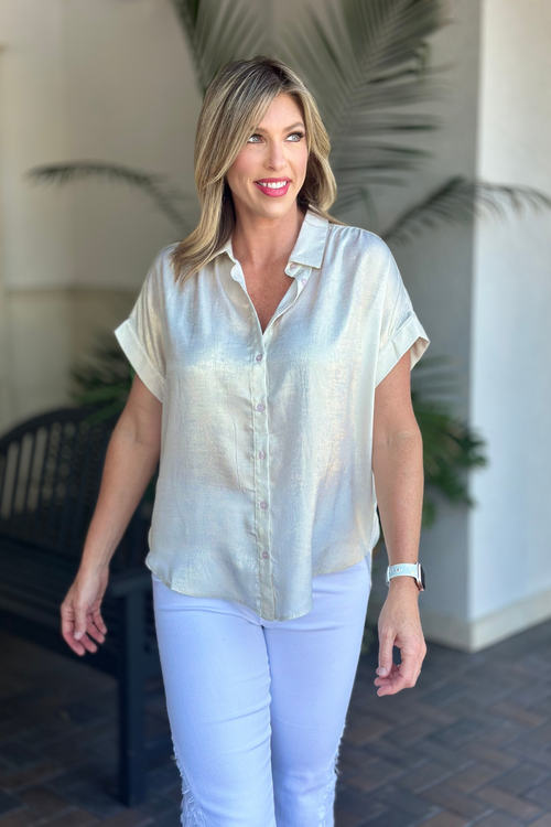 Maddie Metallic Collared Button Up Top-Pearl