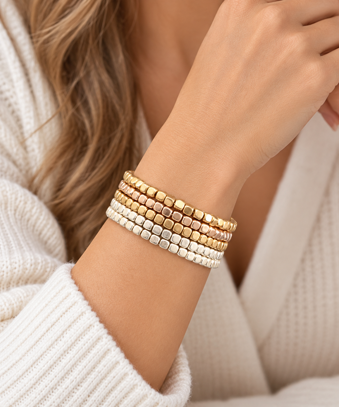 Mixed Metal Five Row Square Bead Stretch Bracelet