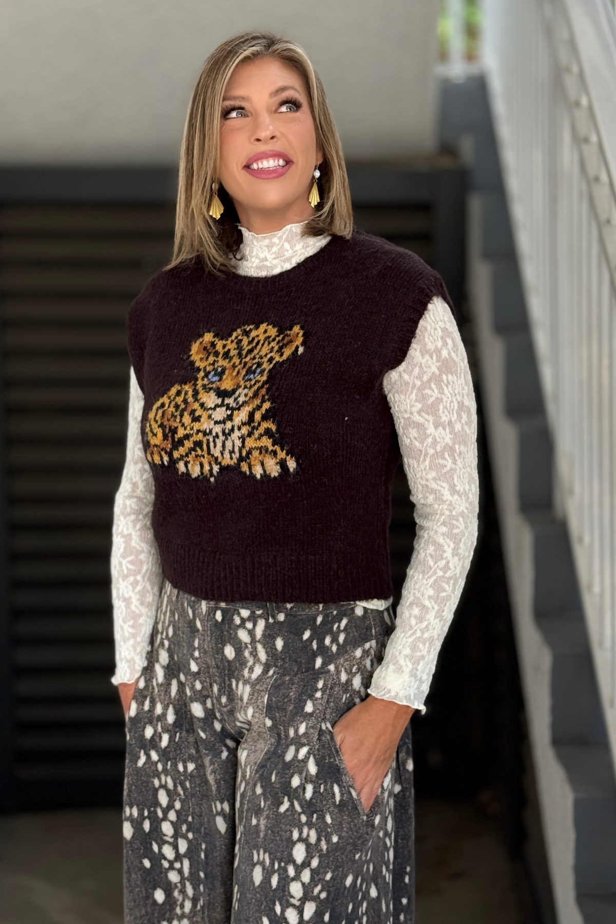 Dark chocolate cap sleeve sweater vest with leopard design