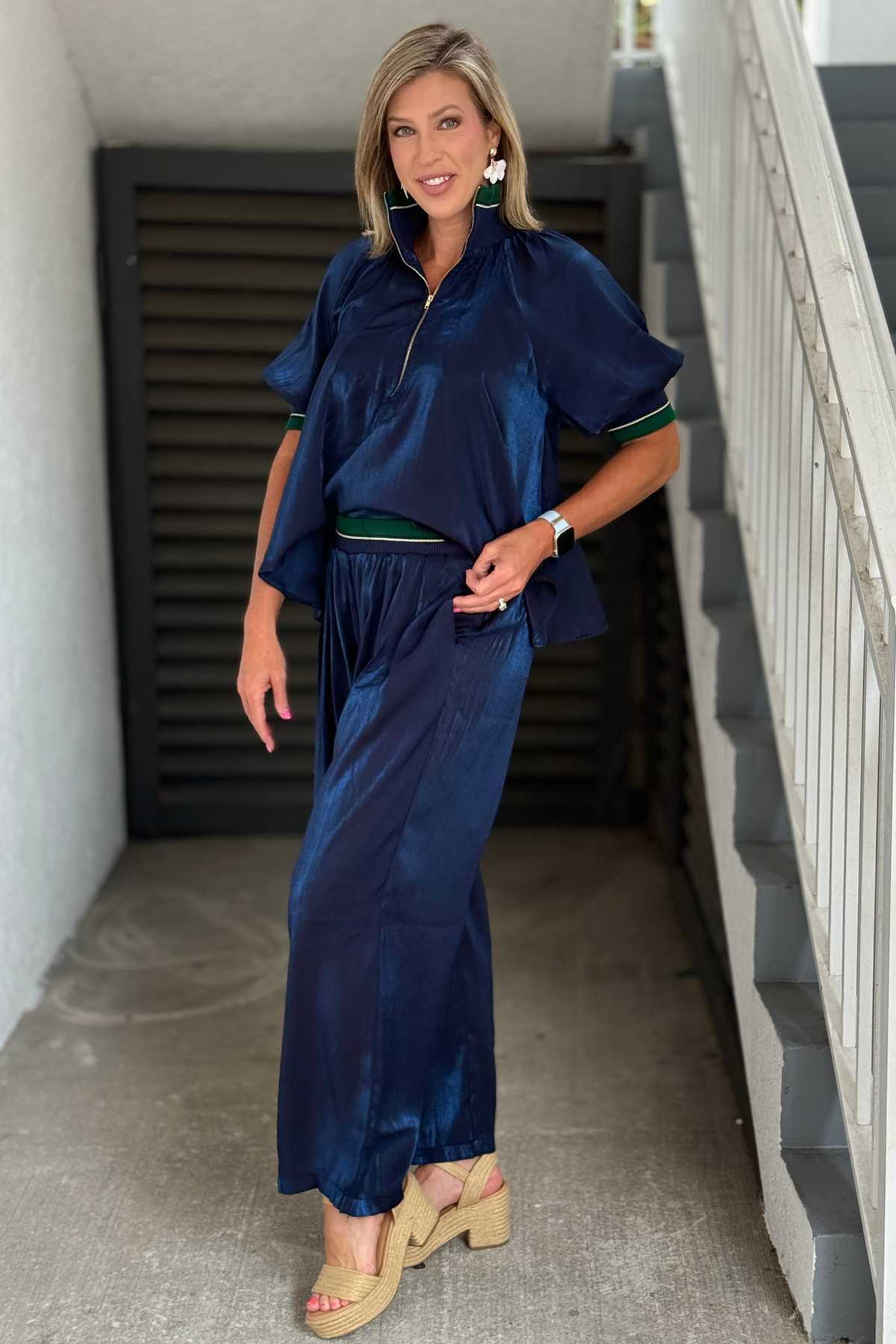 Designer-inspired navy satin pants with elastic waistband