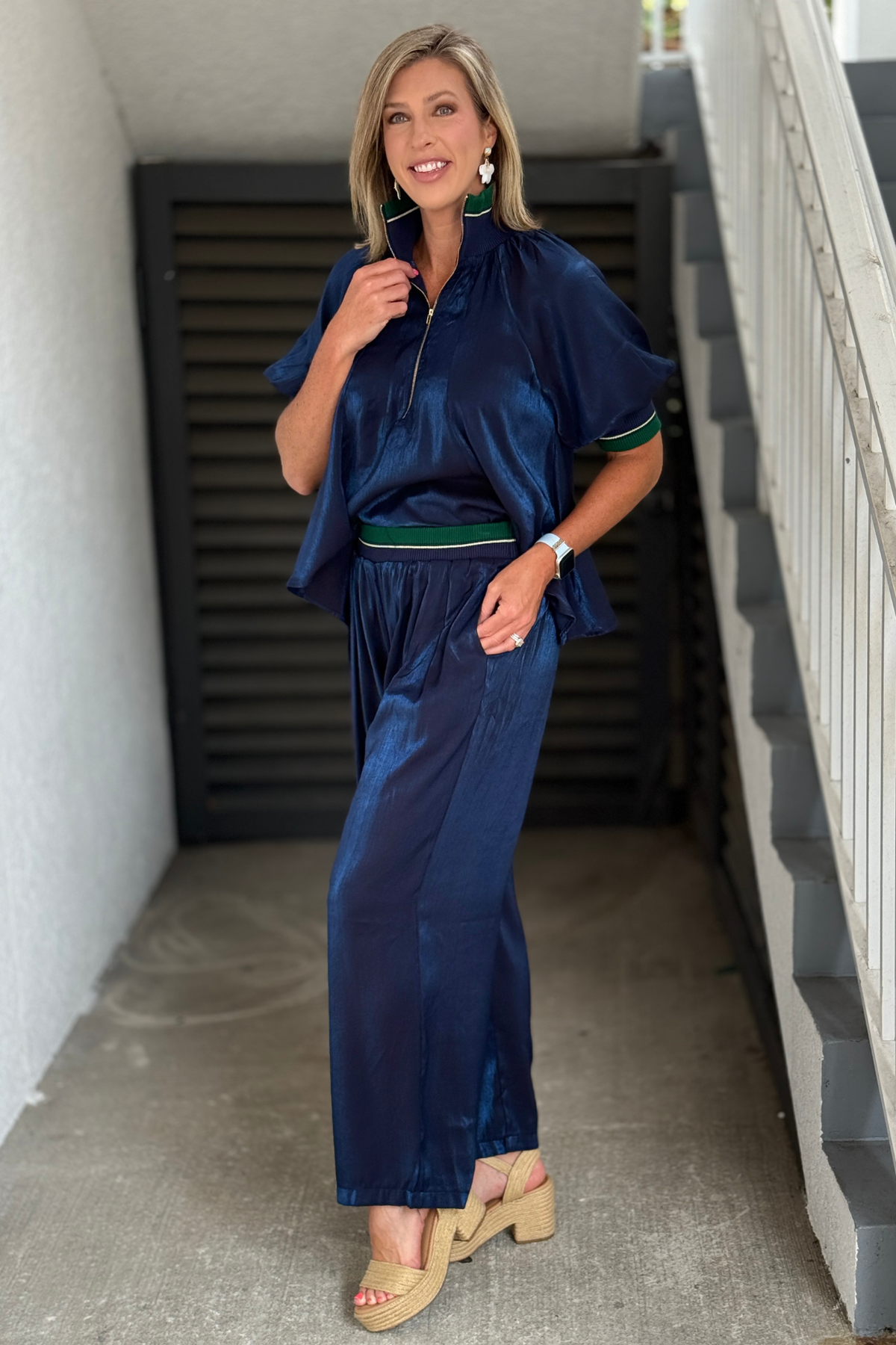 Back view of Monaco Midnight Satin Wide Leg Pants