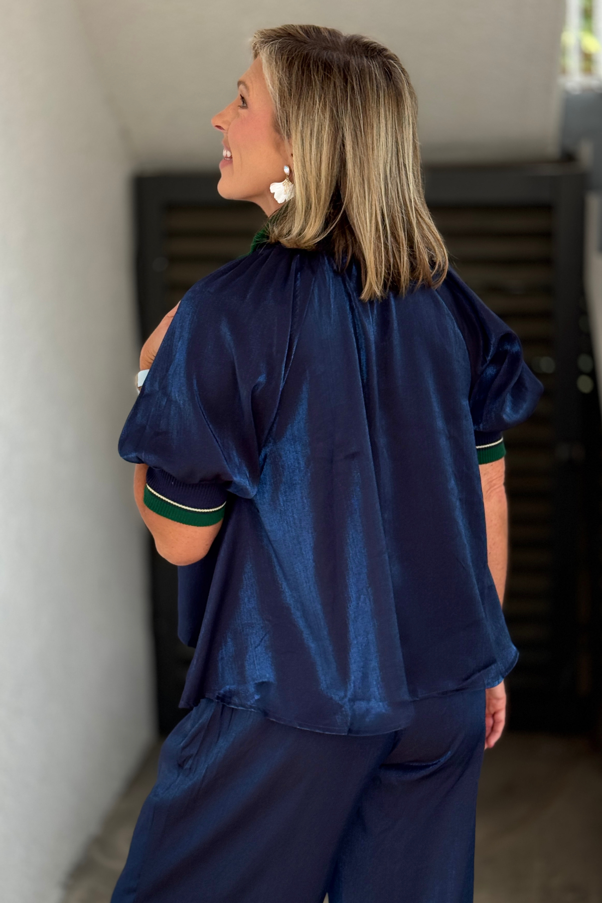 Navy blouse with olive contrast trim