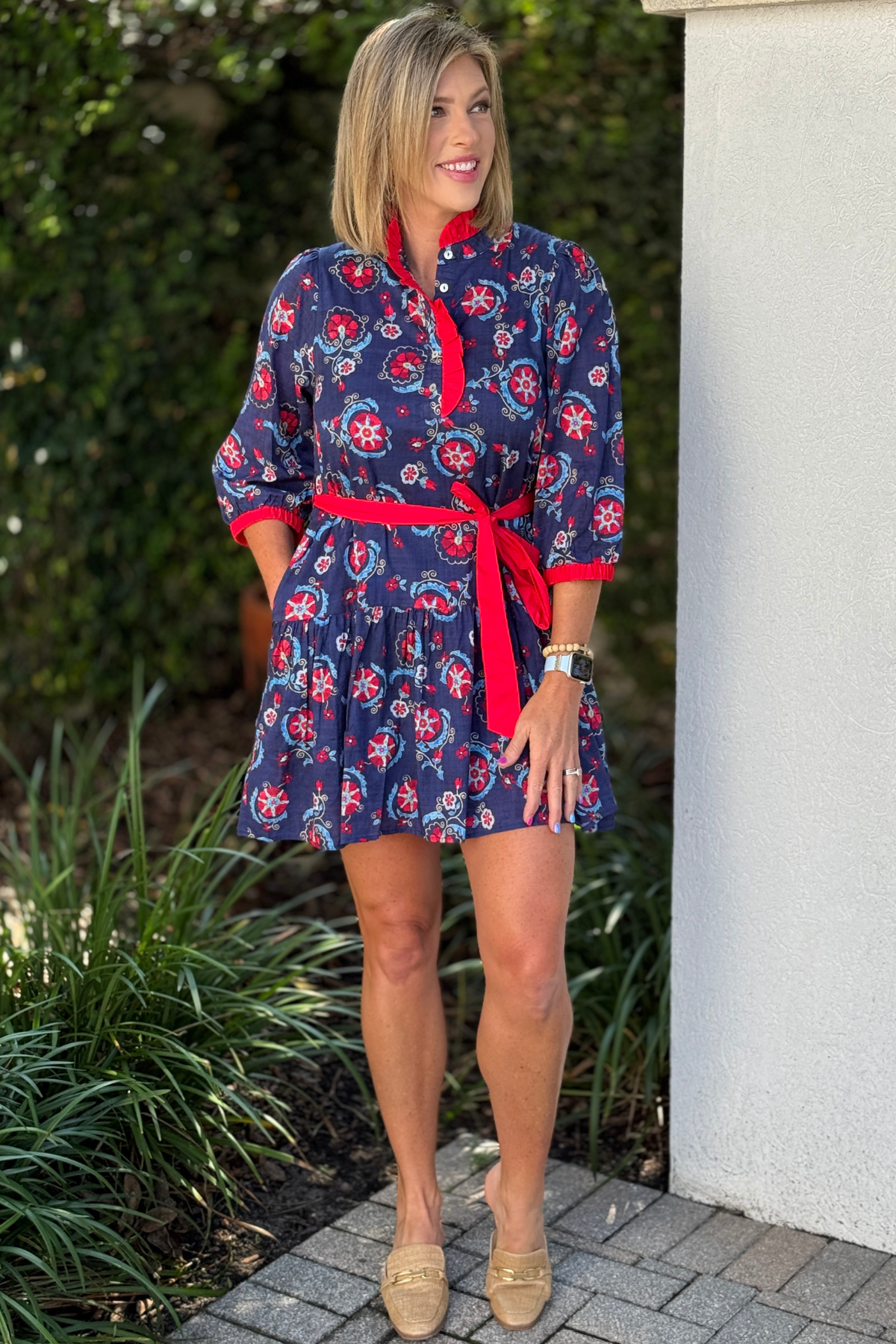 Navy Bloom Tie Waist Dress front view