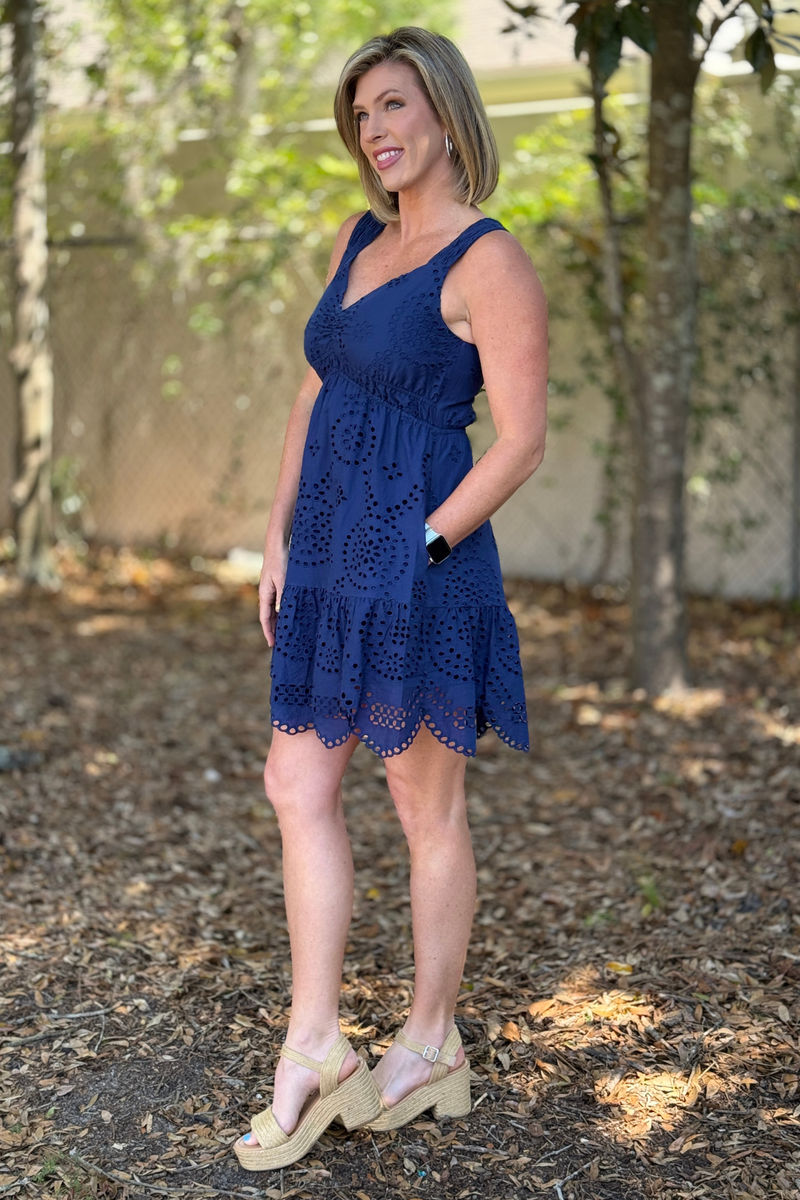 Women’s navy summer dress with eyelet detail and V-neckline