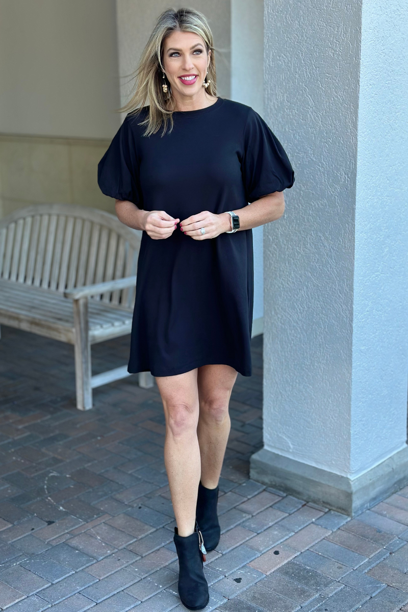 Necessitees: Jenella Puff Sleeve Swing Dress-Black