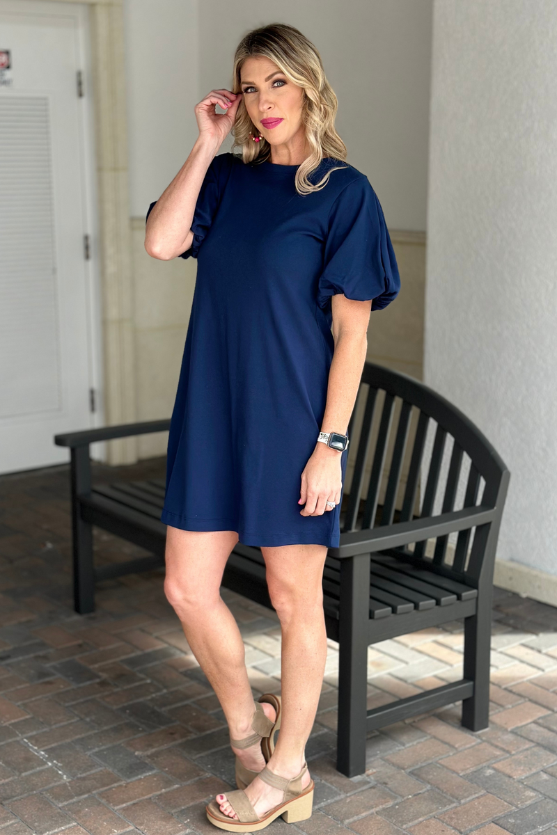 Necessitees: Jenella Puff Sleeve Swing Dress-Navy