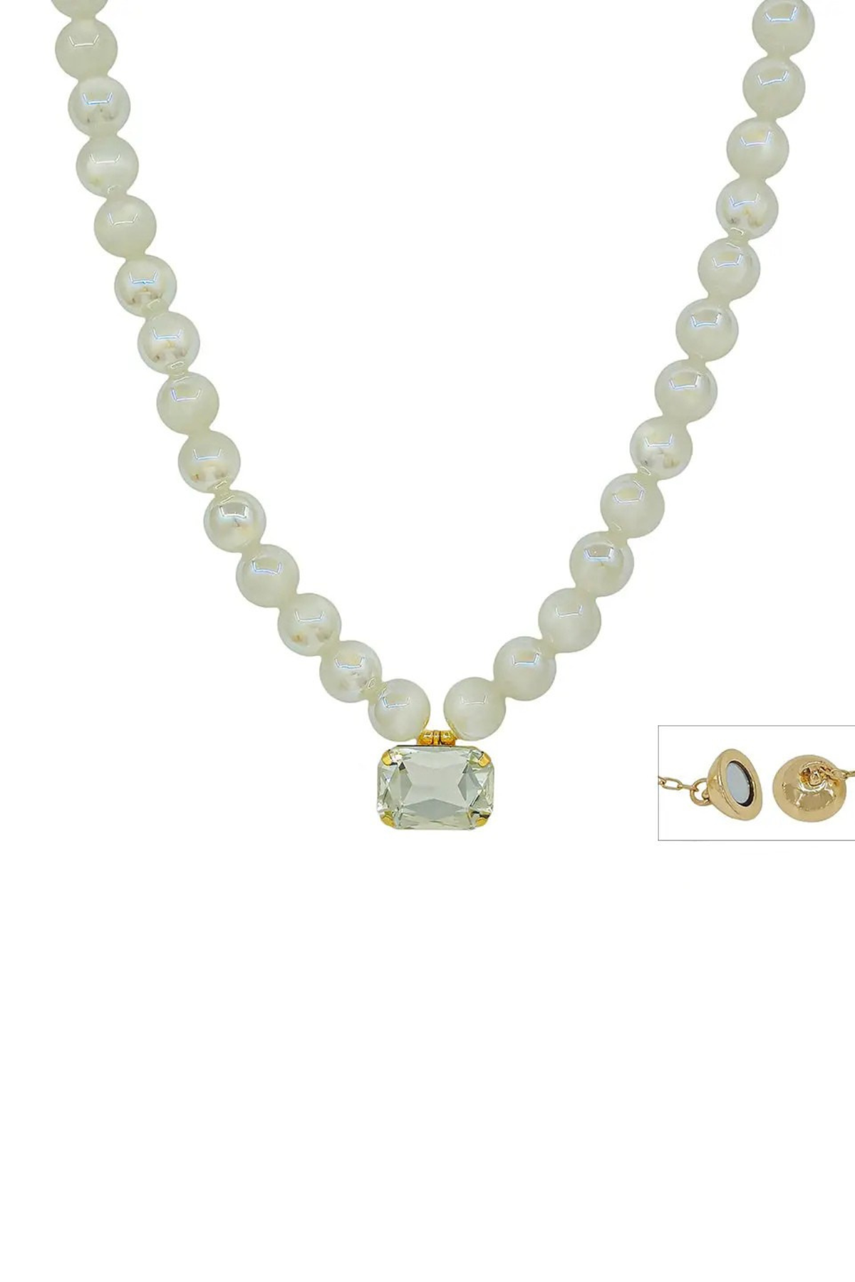 White beaded necklace with clear rectangular crystal pendant
