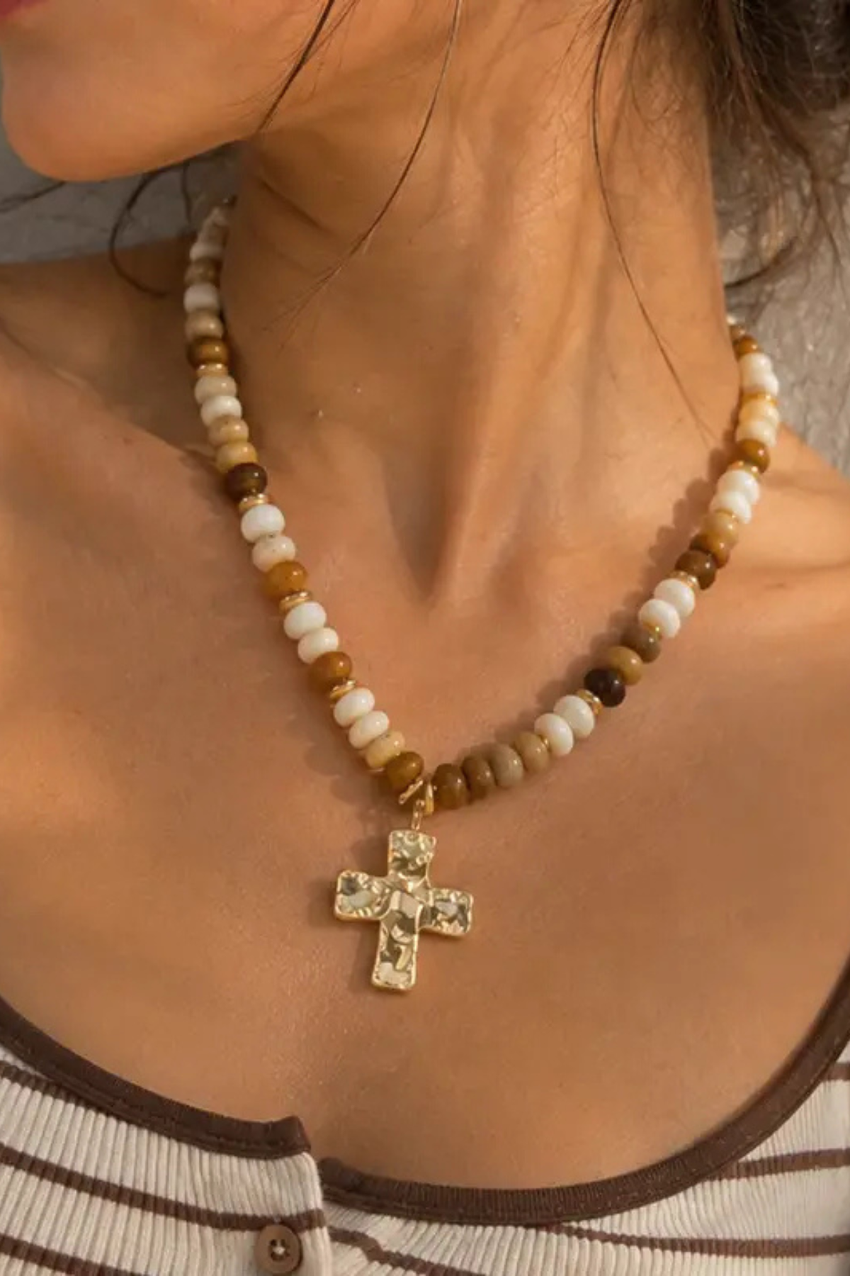 Hammered Cross Beaded Necklace – Natural Multi