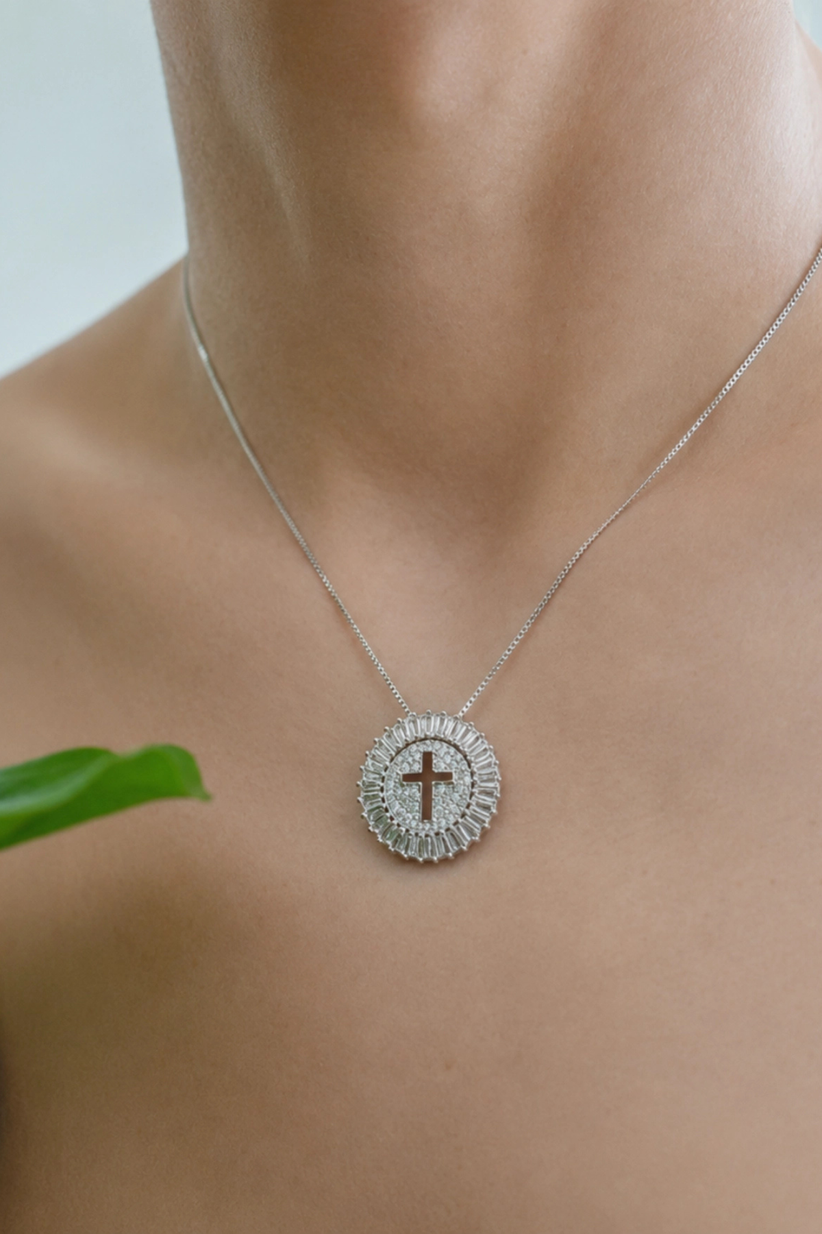 Shine Circle Crystal Cross Necklace in silver with sparkling round pendant