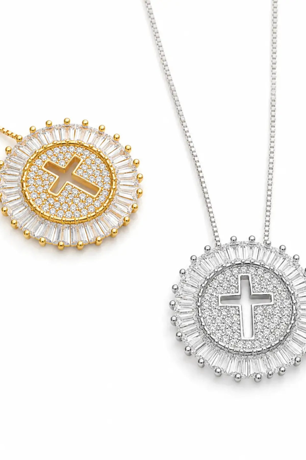 Gold crystal cross pendant necklace with baguette CZ border