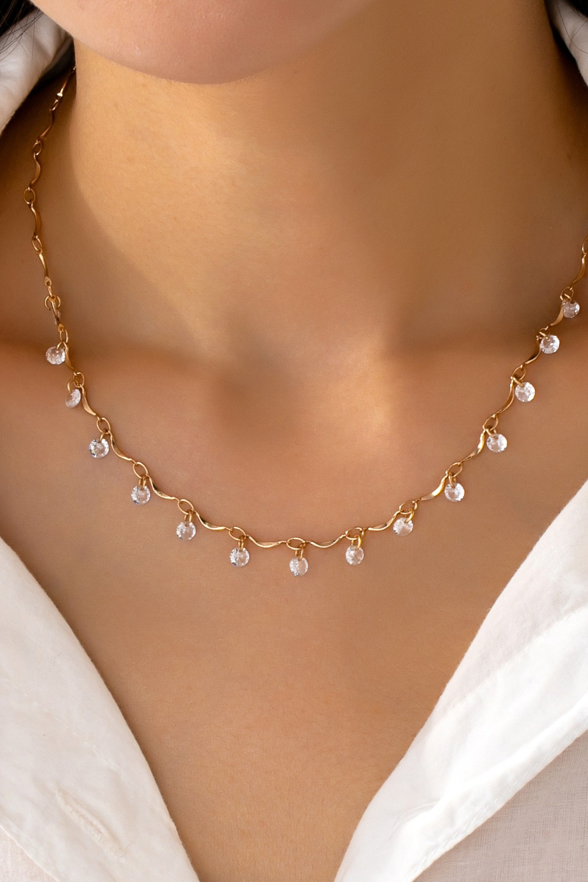 crystal station necklace with dainty rhinestones