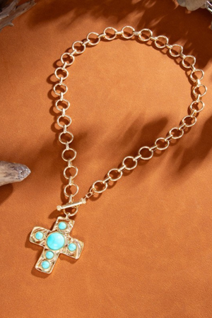 Turquoise Faith Hammered Cross Toggle Necklace