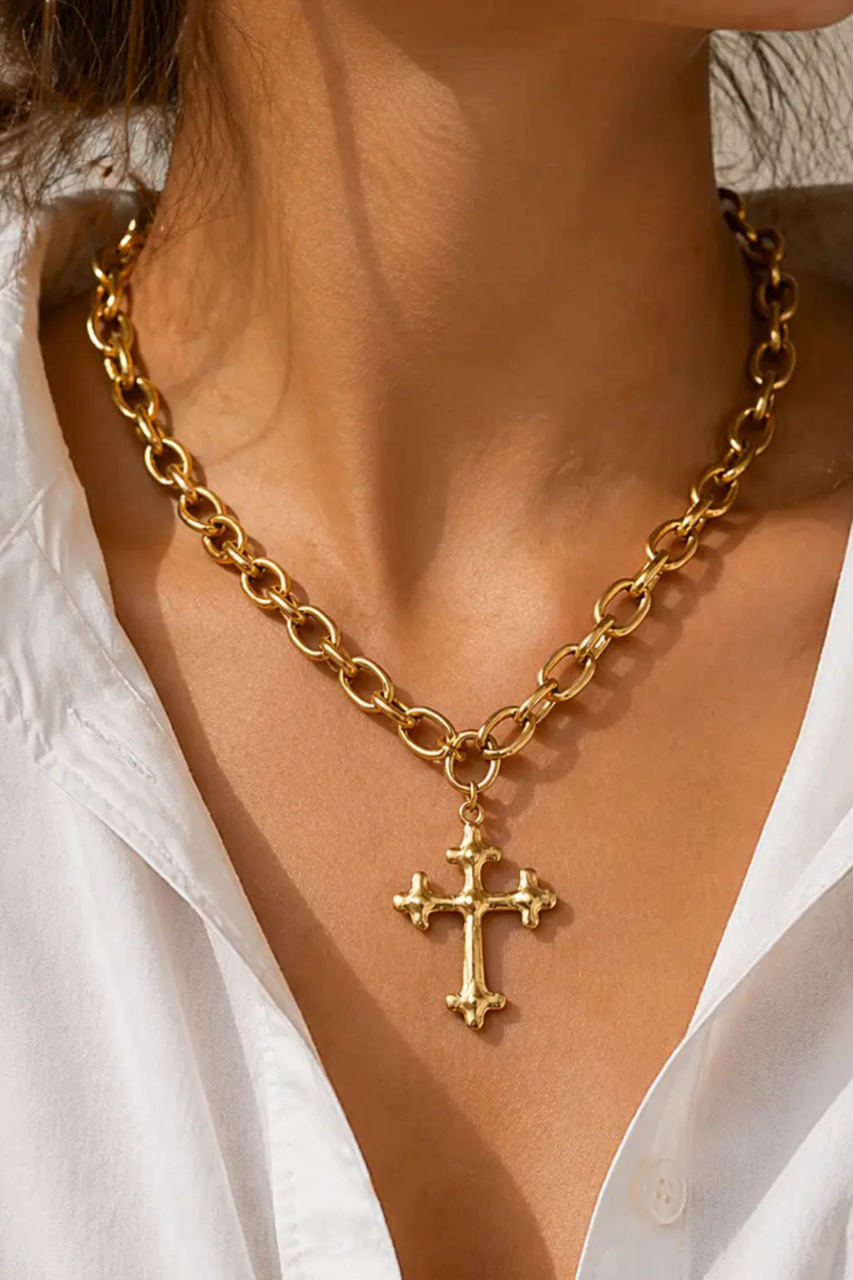 Bold Oval Chain Cross Necklace – Worn Gold