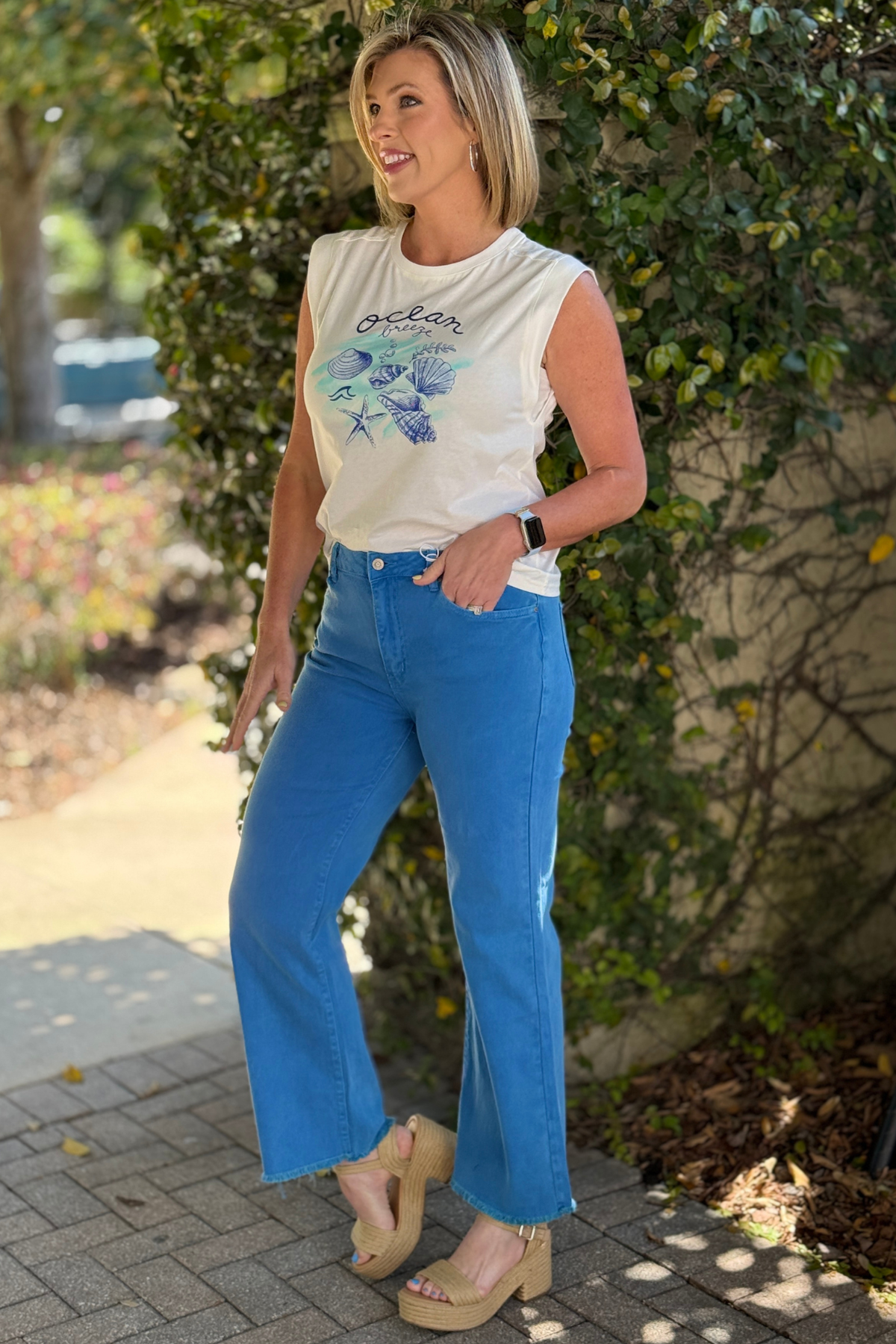 Ocean blue essential wide leg jeans front view