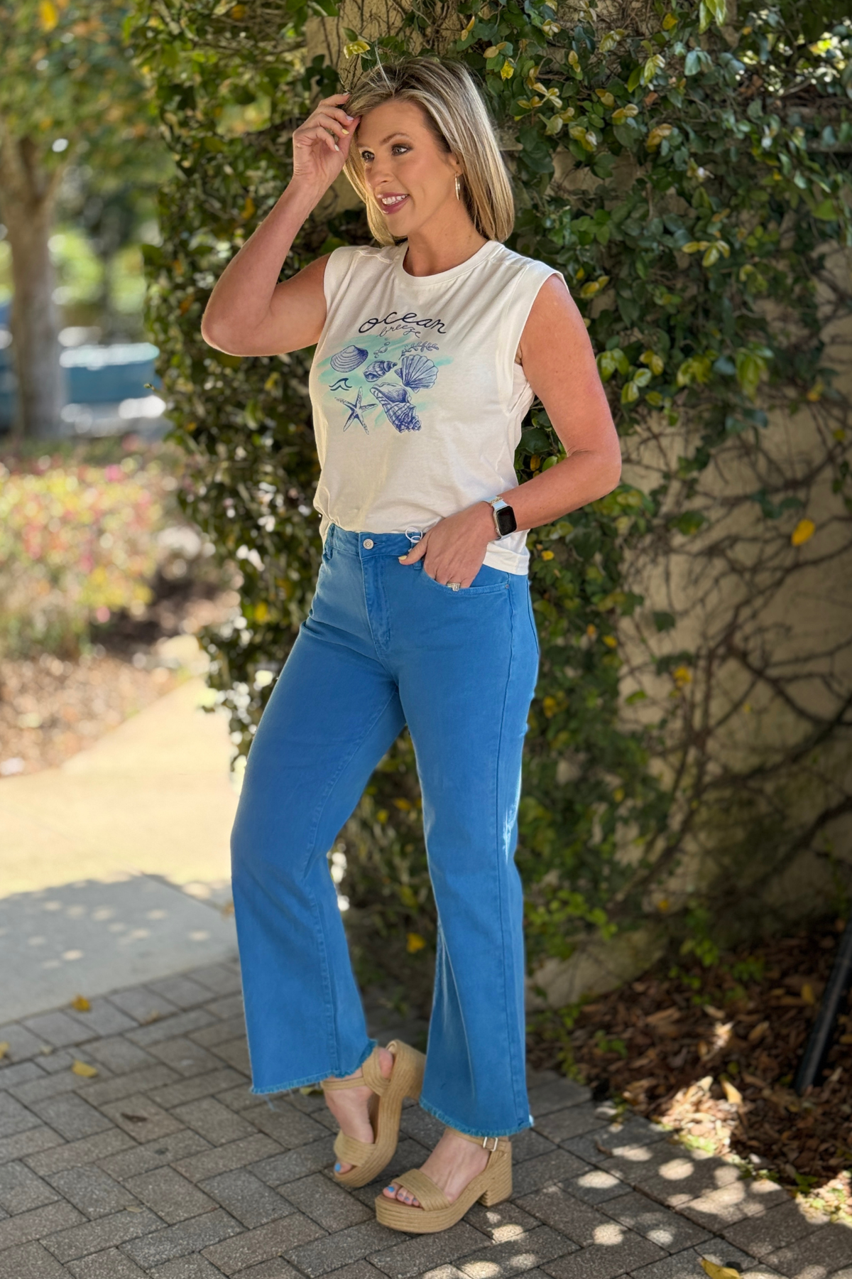 Back view of ocean blue wide leg denim jeans