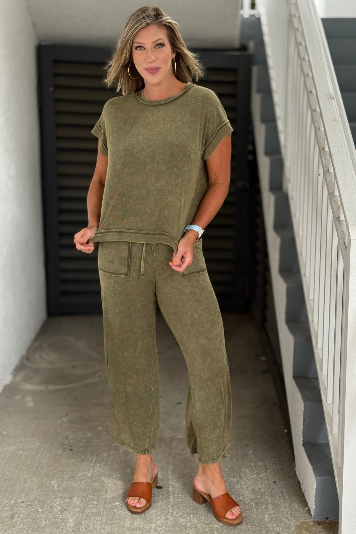 Mineral wash wide leg lounge set in dark olive