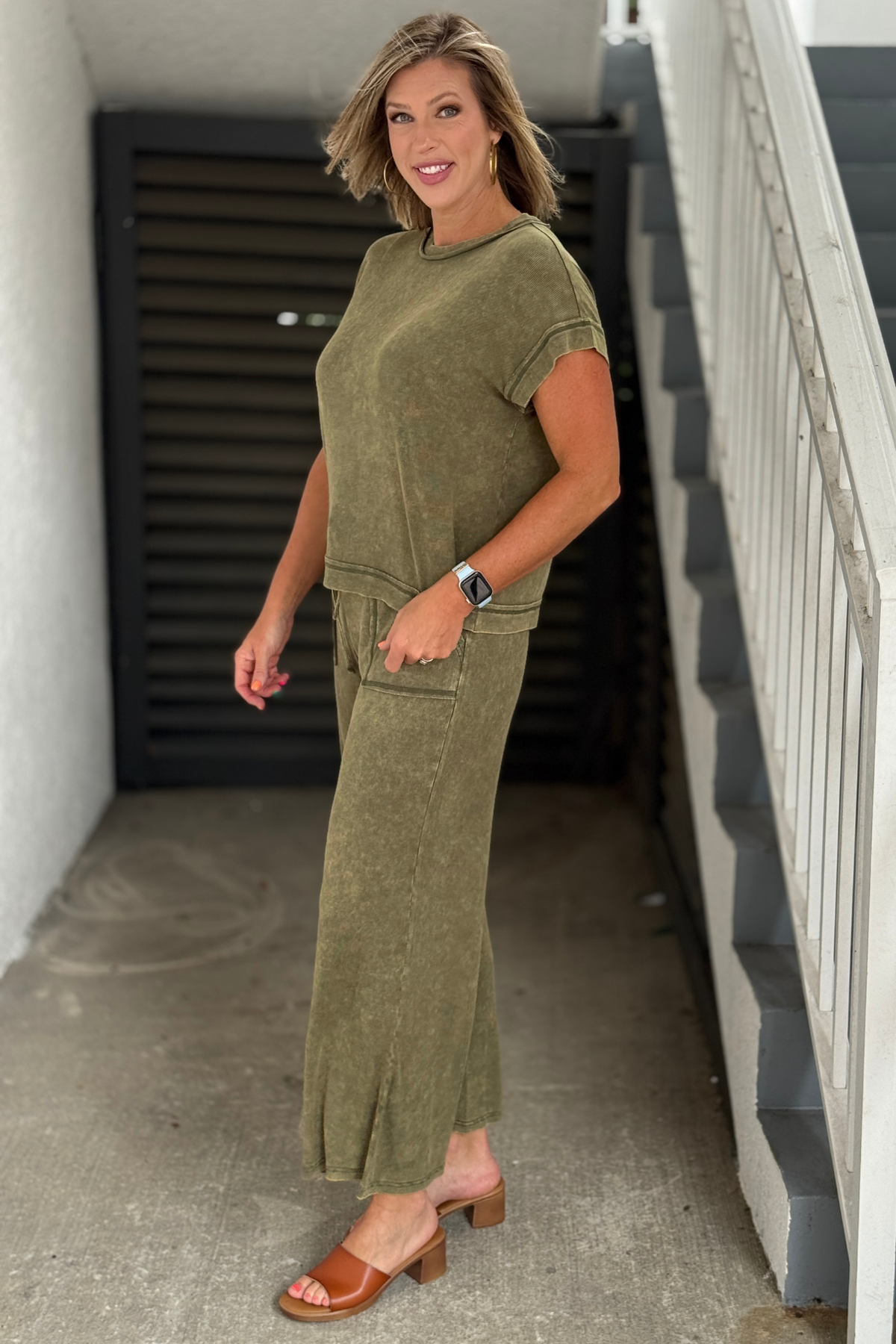 Olive two-piece outfit with wide leg pants