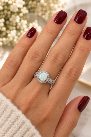 White Opal Halo Moissanite Ring – 925 Sterling Silver, Size 6