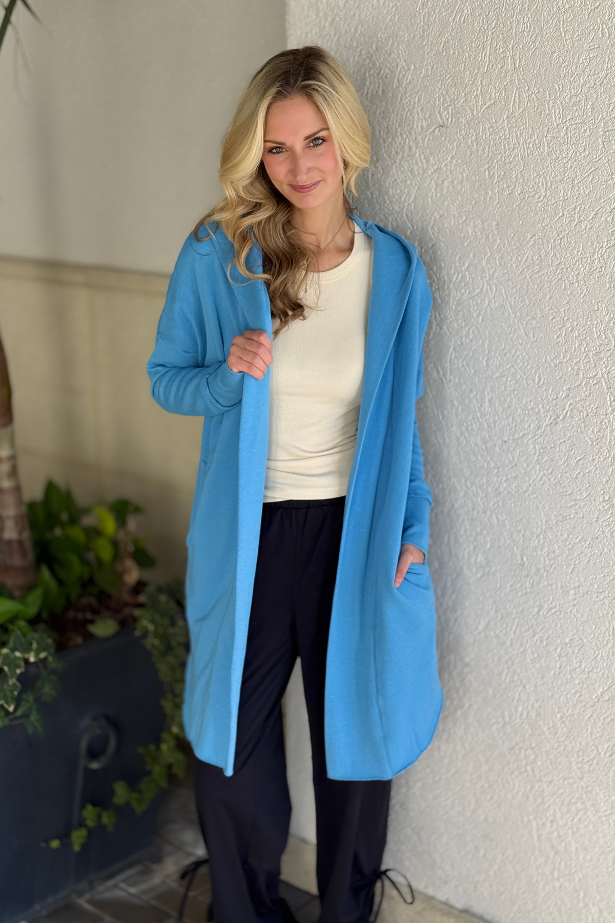 Ocean blue open front longline hoodie cardigan with pockets